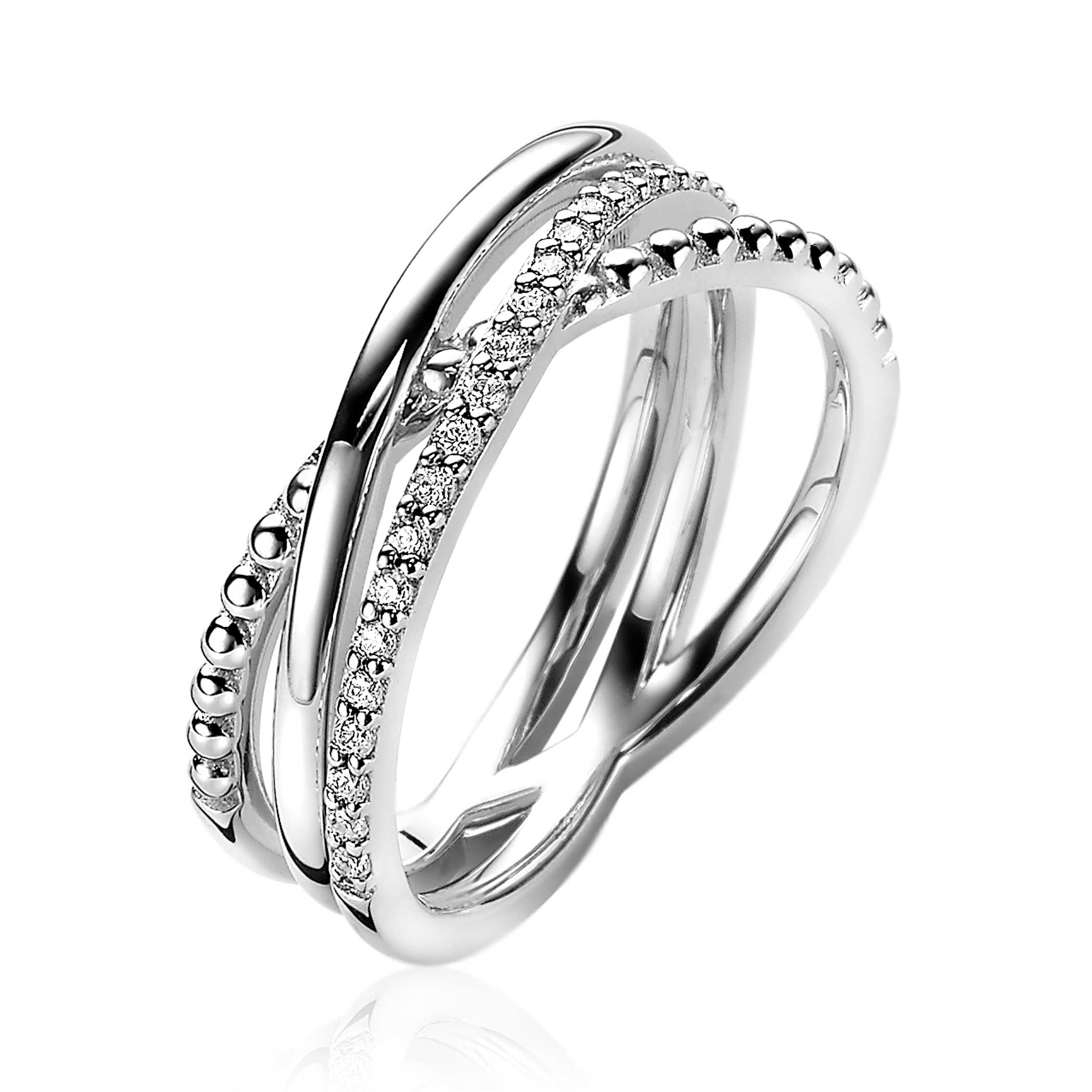 ZINZI zilveren luxe cross-over ring bolletjes glad en  witte zirconia's ZIR2141