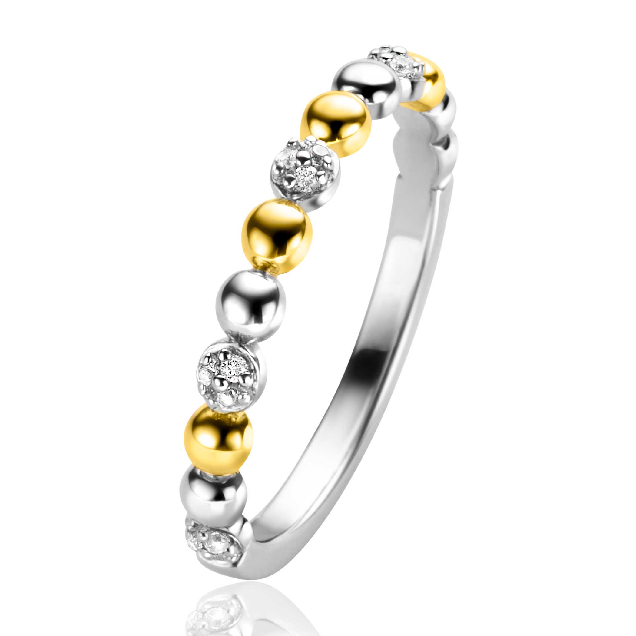ZINZI zilveren bicolor aanschuifring met bolletjes, waarvan vijf bolletjes bezet zijn met witte zirconia's. De ring is 3mm breed en gemakkelijk te mixen met andere Zinzi aanschuifringen. Vervaardigd van eerste gehalte zilver (925) en voorzien van een extra rodium laag voor een langdurige glans.