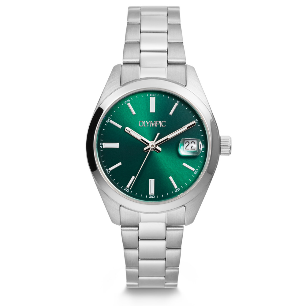 Olympic OL75DSS003 Louise Horloge Dames Staal 33mm 
Dit unieke Olympic horloge met artikelnummer: OL75DSS003 is een classic dameshorloge. Het horloge heeft een stalen kast met een glanzende bezel, een groene wijzerplaat met streepjes als uursaanduiding en een datum. Aan de kast zit een stalen schakelband met een vouwsluiting. Het horloge heeft een mineraalglas, een doorsnee van 33mm en is 5ATM.

Het merk:
Het Nederlandse horlogemerk Olympic levert stoere chronografen, slimline series, digitale uurwerken en elegante dameshorloges. De prijs-kwaliteitverhouding staat bij Olympic hoog in het vaandel met prijzen die uiteenlopen van € 34,95 tot en met € 159,00.

100% Nederlands ontwerp, waterdicht en standaard 3 jaar fabrieksgarantie.

Specificaties:
- Ronde kast Ø 33mm
- Stalen horlogekast
- Groene wijzerplaat
- Stalen schakelband
- 5ATM 
- Standaard 3 jaar fabrieksgarantie
- Mineraalglas