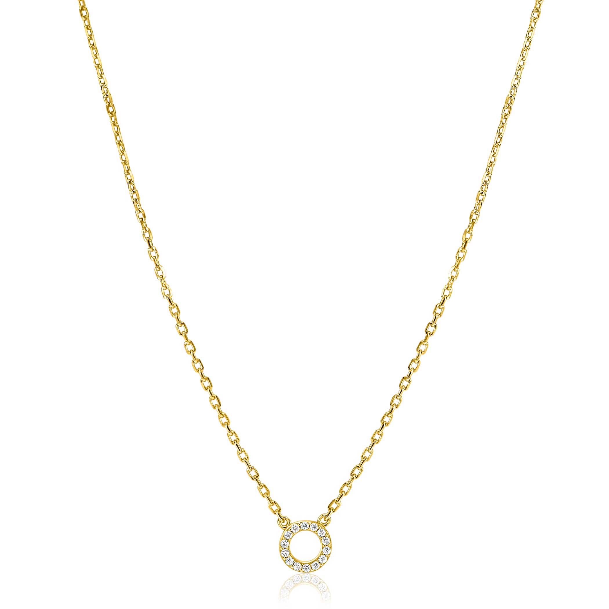 ZINZI gold plated zilveren ketting met subtiele paperclip schakel en open rondje (7,5mm). Het rondje in het midden van de ketting is mooi bezet met witte zirconia's. Een sierlijke ketting die ook goed te combineren is met andere zilveren kettingen. Met herkenbaar Zinzi hartje bij de sluiting. De lengte is te variëren tussen 40-45 cm. Vervaardigd van eerste gehalte zilver (925) en extra geel verguld.