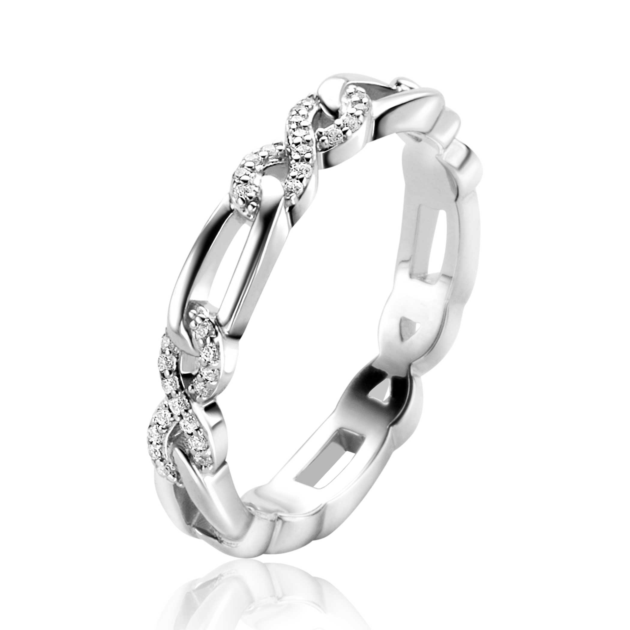 ZINZI zilveren ring met infinity vormen bezet met witte zirconia's en verbonden met gladde ovale schakels 
