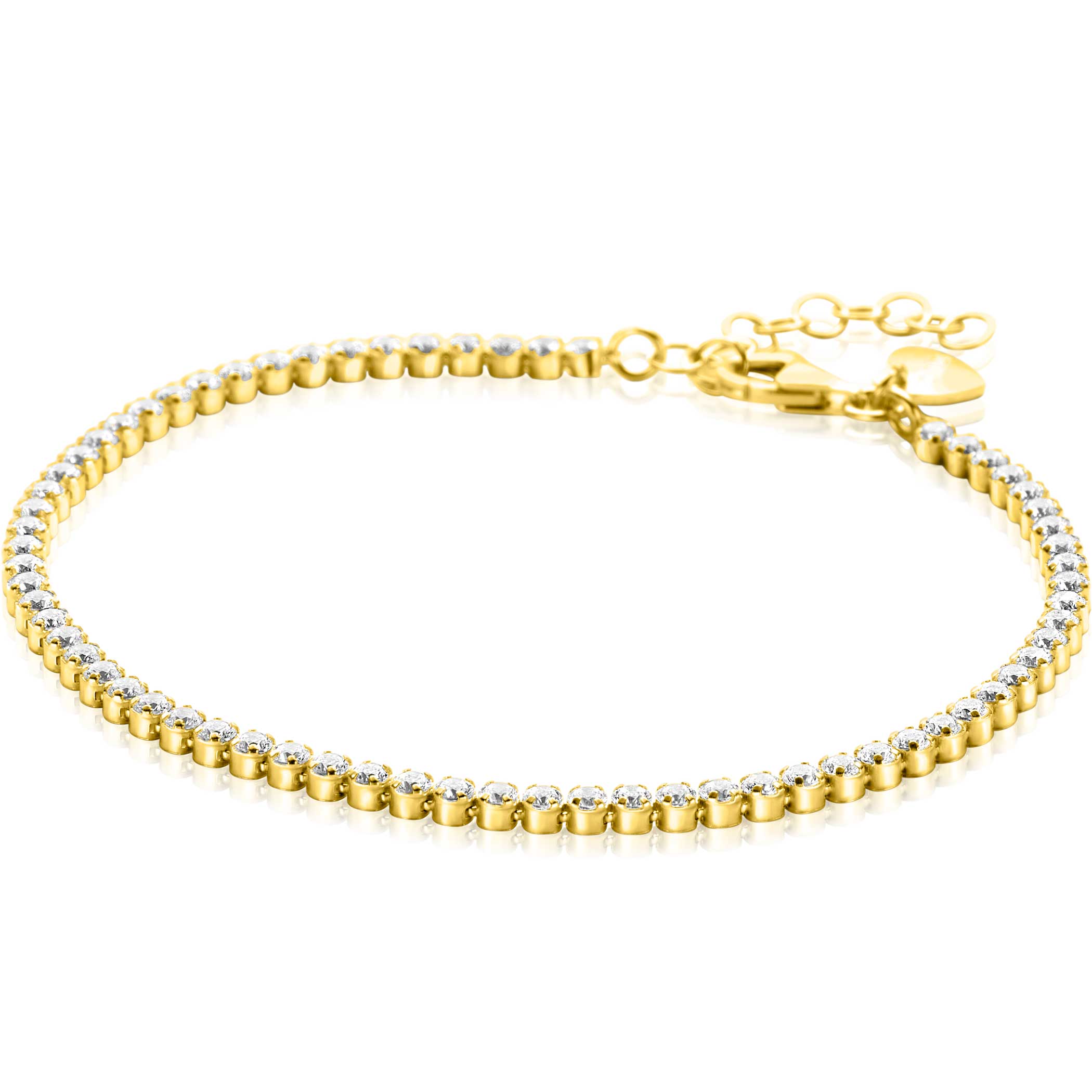 ZINZI gold plated zilveren tennis armband (2,5mm breed) bezet met witte zirconia's in ronde kastzettingen. De lengte van de armband is te variëren tussen 17-20 cm. Vervaardigd van eerste gehalte zilver (925) en extra geel verguld.