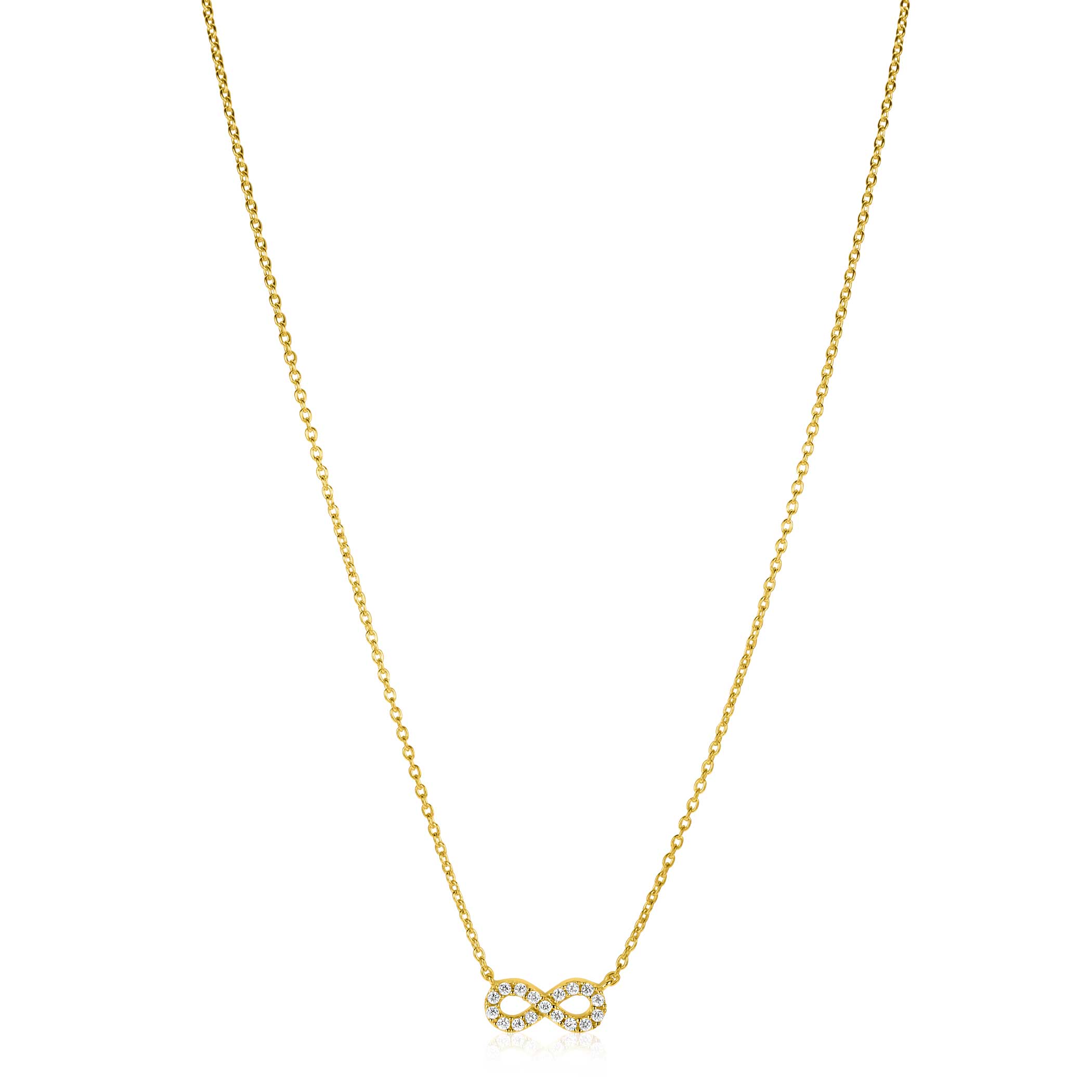 ZINZI gold plated zilveren ketting met sierlijk Infinity teken, vol bezet met witte zirconia's. De lengte van de ketting is te variëren tussen 42-45 cm. Vervaardigd van eerste gehalte zilver (925) en extra geel verguld.