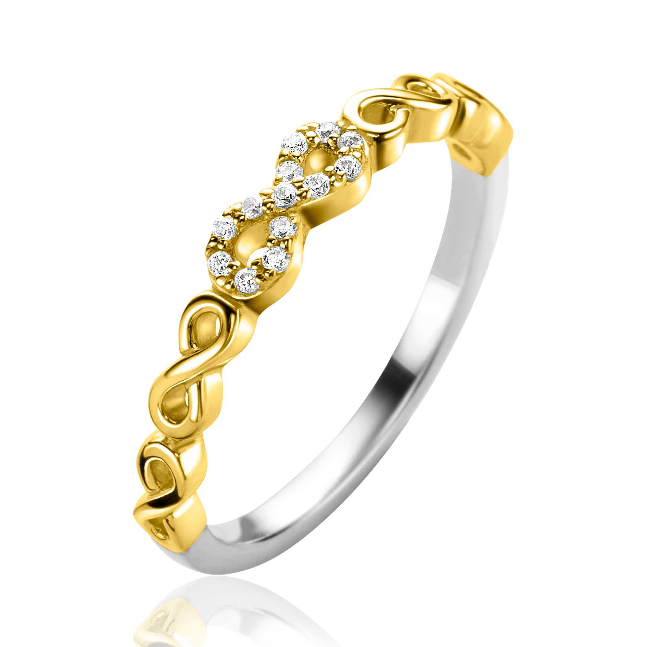 ZINZI gold plated zilveren aanschuifring met sierlijke Infinity schakels, middelste is bezet met witte zirconia's 3mm breed 