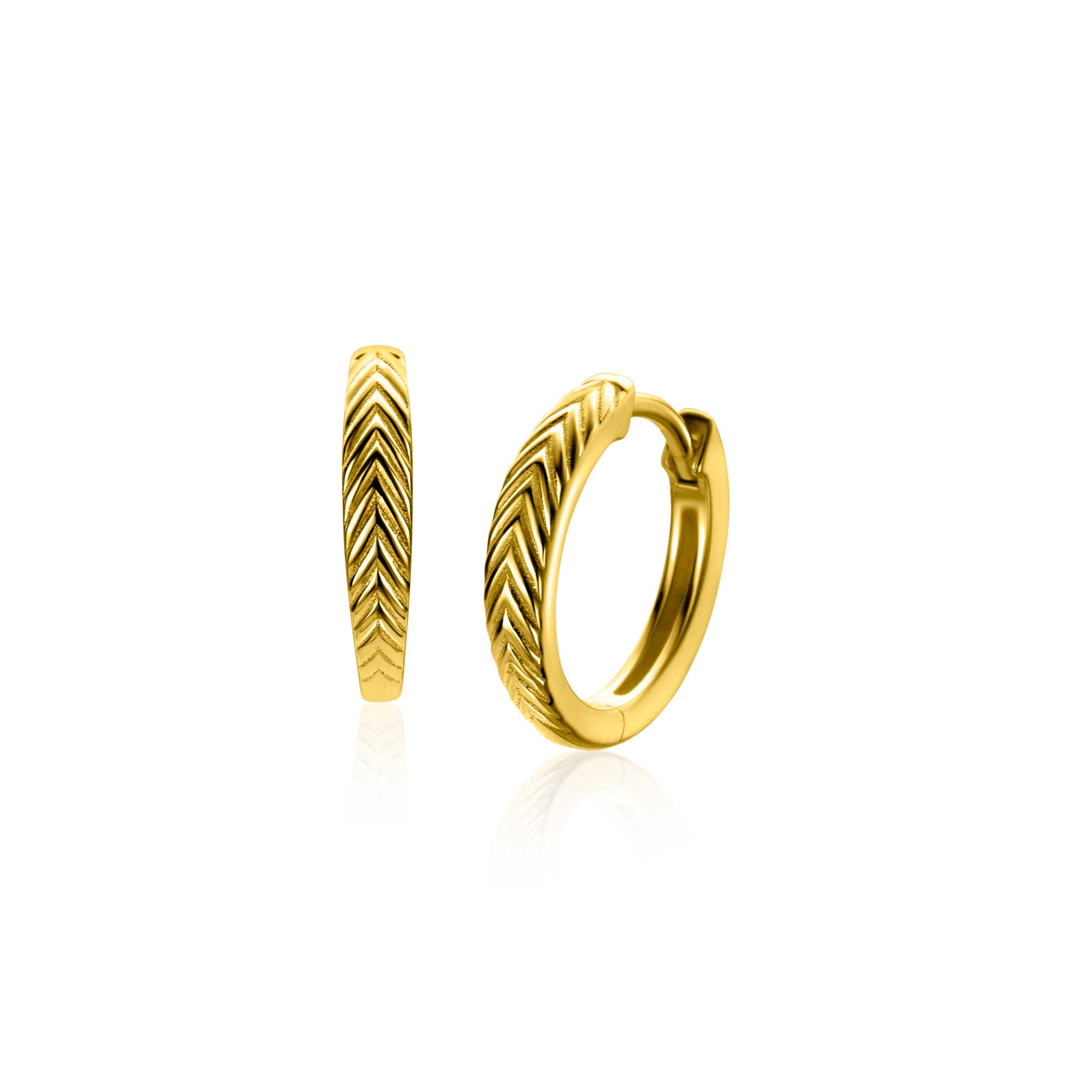 15mm ZINZI gold plated zilveren oorringen met veertjesmotief 3mm breed en luxe klapsluiting 