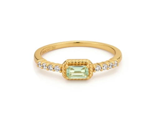 Deze prachtige subtiele ring is voorzien van een mintgroene steen en kleine witte steentjes op de band van de ring. Deze ring is perfect te combineren met andere ringen uit de collectie, voor een complete look. Elk 24Kae sieraad is met liefde en oog voor detail ontworpen door Kae Sutherland. Elke 24Kae ring heeft het authentieke kenmerk van een 24Kae gravure. Details: - Grootte steen: 5,1 mm - Dikte band: 1,3 mm Materialen: - 925 sterling zilver, verguld met 18K goud - Kubieke zirkonia