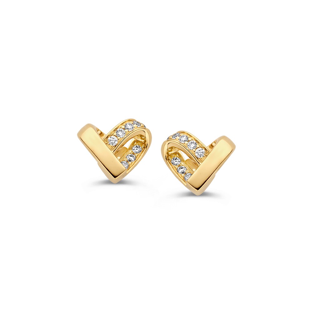 14 karaat elegante oorbellen in speelse hartvorm, gezet met diamant.
