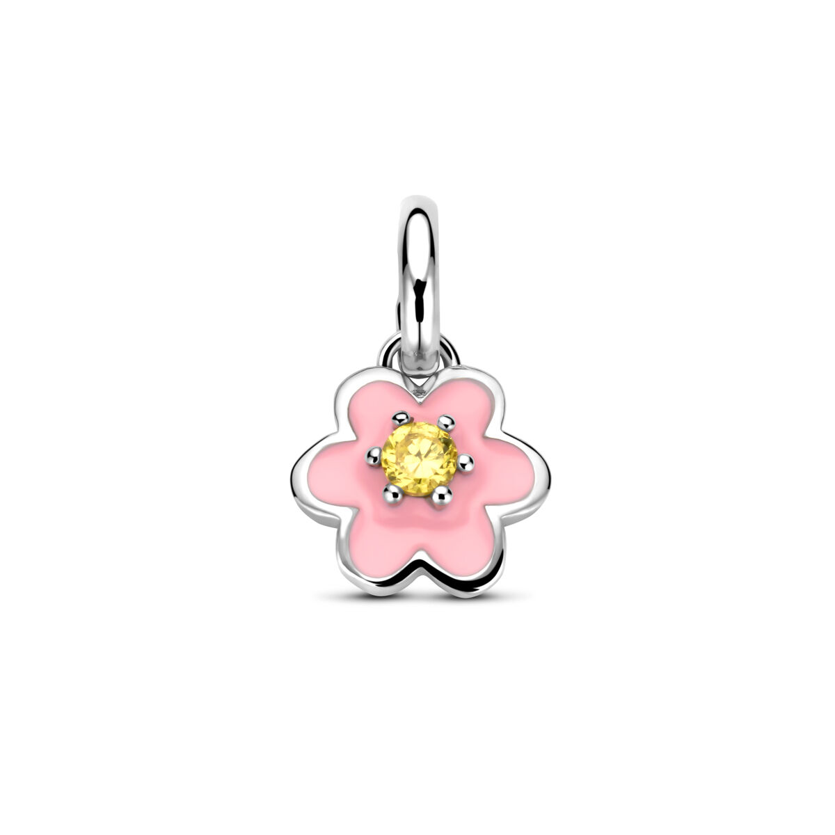 Gerhodineerd 925 zilveren hanger uitgevoerd in de vorm van een emaille bloem met een schitterende gele zirkonia. De hanger heeft een afmeting van 12x8mm.
