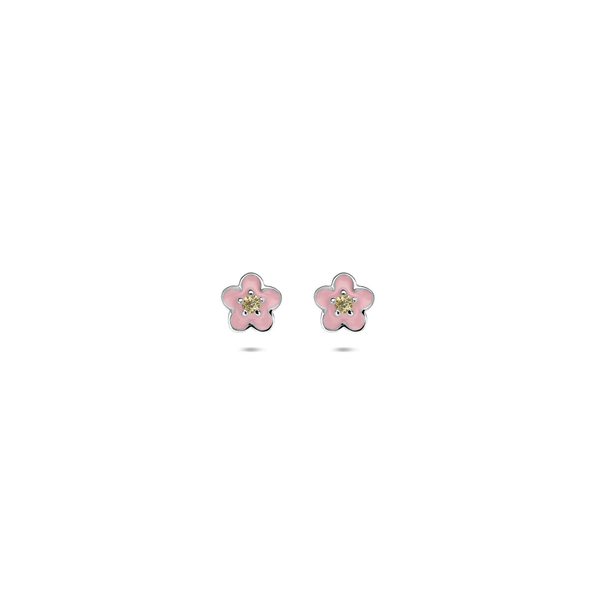 Gerhodineerd 925 zilveren oorknoppen uitgevoerd in de vorm van een emaille bloem met een schitterende gele zirkonia. De oorknoppen hebben een diameter van 5mm.