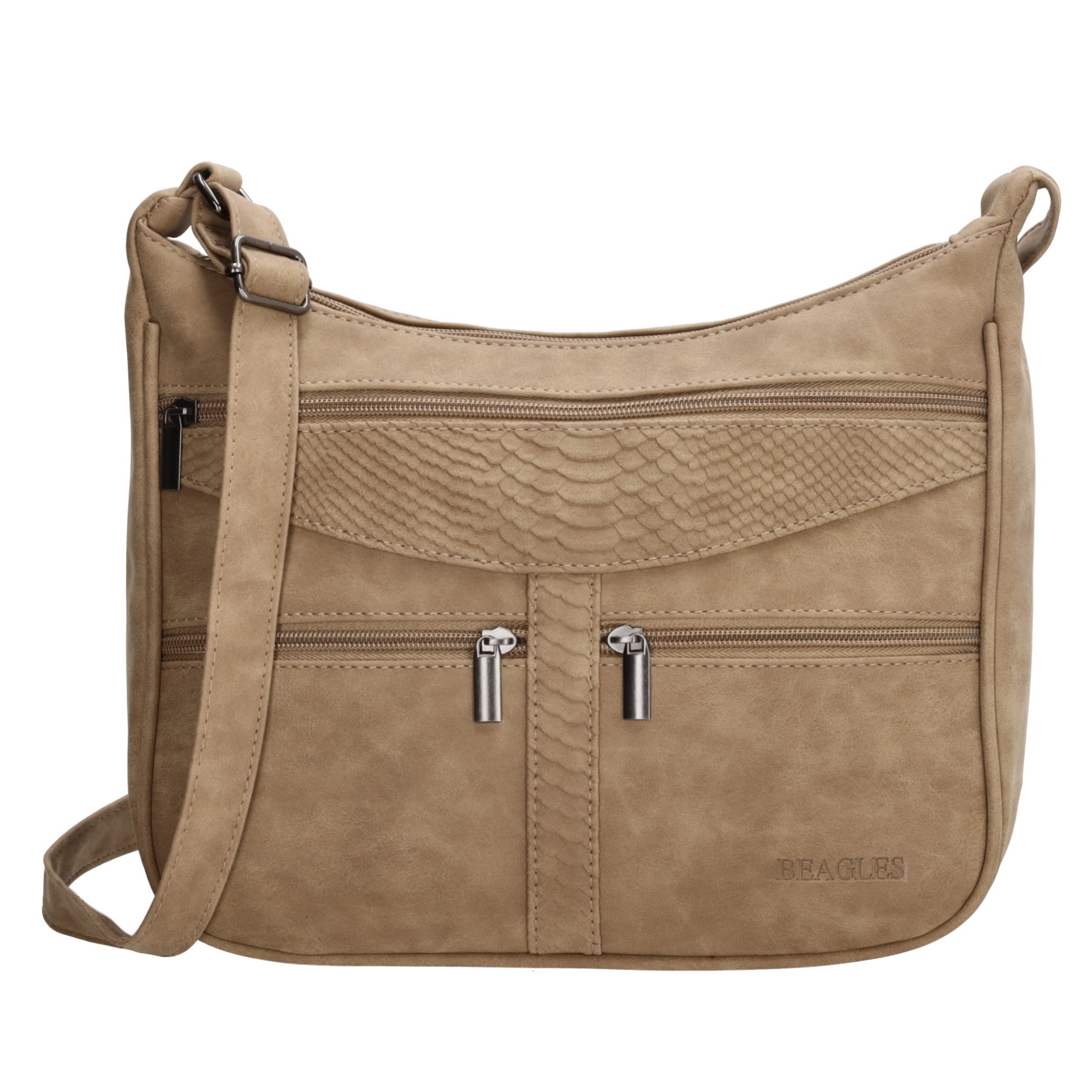 Deze schoudertas uit de Albacele collectie van Beagles is helemaal uniek. De vorm en de ritsjes op de voorzijde geven de tas een extra touch! Je draagt de tas gemakkelijk aan de verstelbare schouderband. Dit zodat jij hem op jouw favoriete hoogte kunt dragen. Ook heeft de tas wel acht opbergvakken, waaronder een telefoonvak. Zo neem je al je spullen geordend mee op pad!

De eigenschappen van de schoudertas zijn:

Verstelbare schouderband
Hoofdvak met ritssluting
Acht opbergvakken