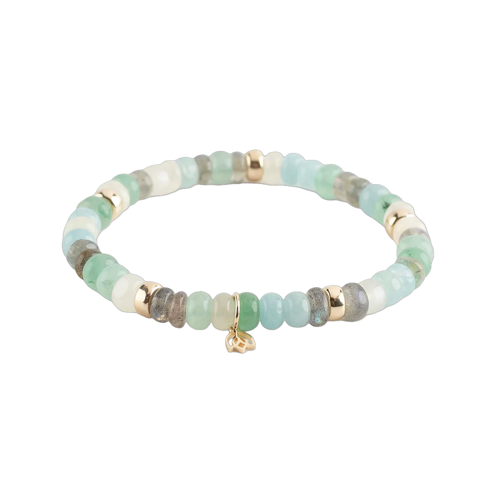 Y&G Crystal Cove: Donkere labradoriet ,Aventurijn , Maansteen , Aquamarijn
Edelstenen armband (6x4mm kralen) - Vijf gouden beads en tulp logo in 14k goud



