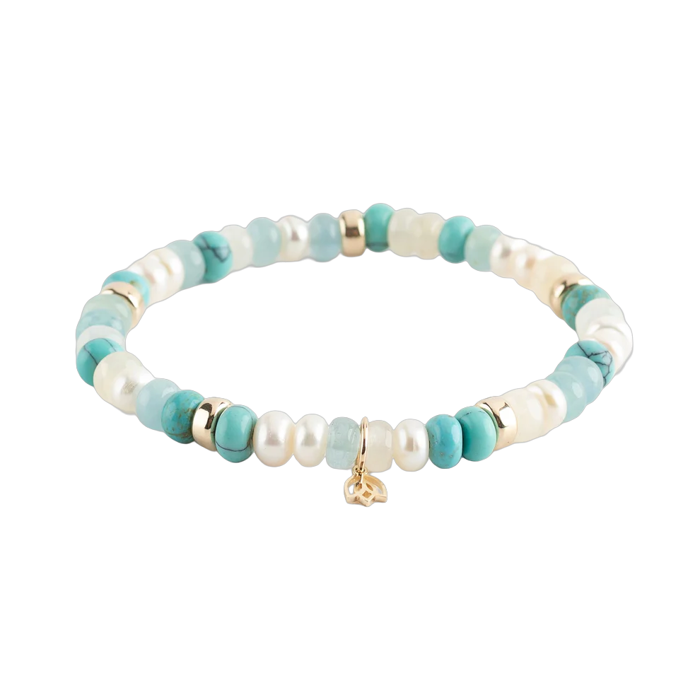 Y&G Aqua Serenity: Turkoois (gekleurd) - Zoetwaterparels - Maansteen - Aquamarijn
Edelstenen armband (6x4mm kralen) en Vijf 14 krt gouden beads & tulp logo.