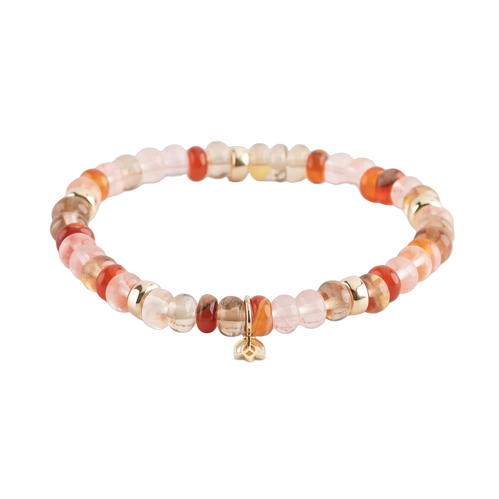 Y&G Sunset Glow, Carneool, Rozenkwarts ,Imperial topaas
Edelstenen armband (6x4mm kralen) en Vijf 14 krt gouden beads & tulp logo.