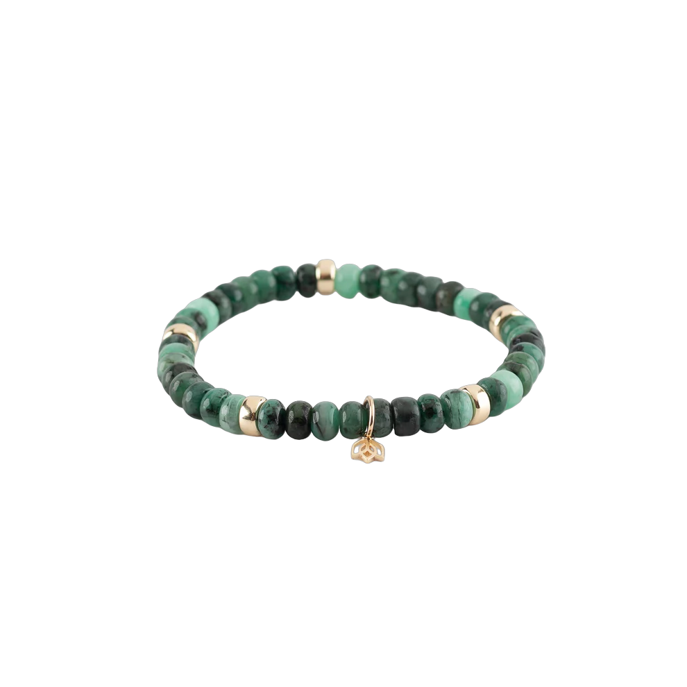 Y&G Edelsteen armband met Smaragd 
Edelstenen armband (6x4mm kralen) en Vijf 14 krt gouden beads & tulp logo.