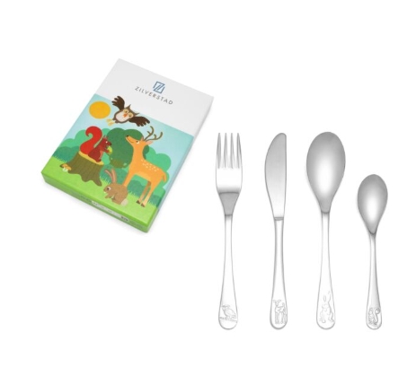 Deze lieve bosdieren maken eten nog leuker voor dierenliefhebbers. Op het bestek staan een hert, eekhoorn, haas en een uil afgebeeld. Verpakt in een mooie geschenkverpakking. Het bestek kan in de vaatwasser en de bestekonderdelen kunnen worden gegraveerd.

Kindervork: 170 mm
Kindermesje: 179 mm
Kinderlepel: 170 mm
Paplepel: 135 mm