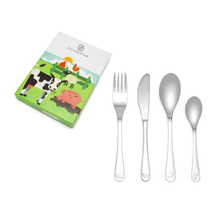 Kindercouvert Boerderijdieren4-delig bestaat uit vork, mes, eetleper en een desertlepel. De 4-delige roestvrijstalen kinderbestek wordt geleverd in een mooie geschenkdoos.
