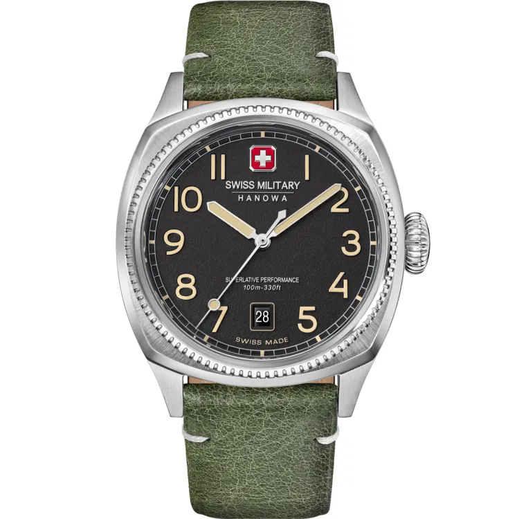 Swiss Military horloge met lederen band, Condor staal/groen leer
