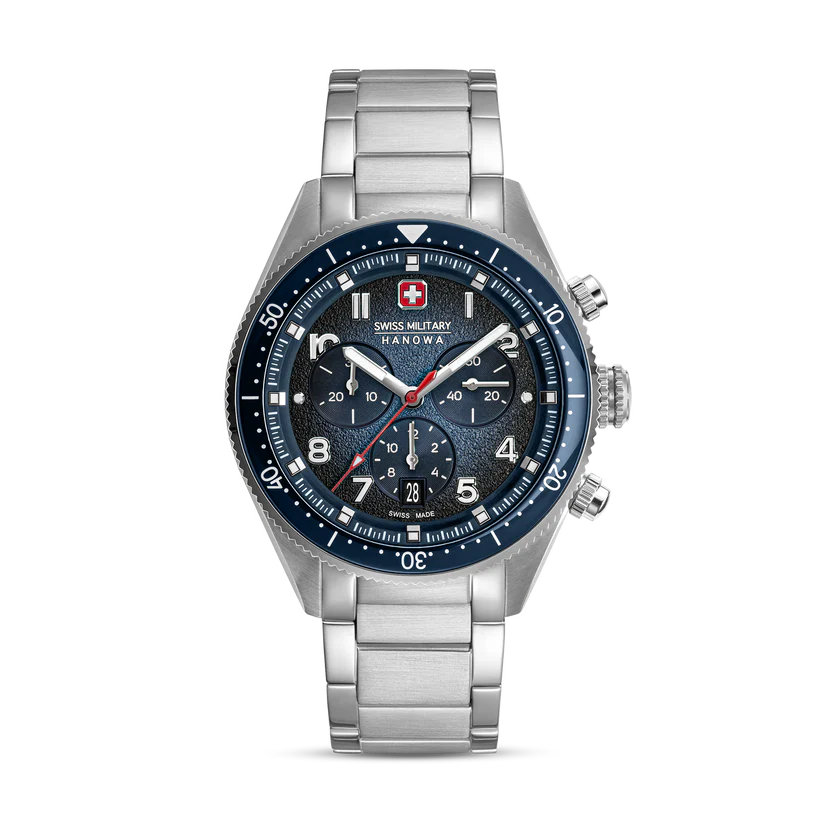 Swiss Military horloge met stalen band, Greyhound Chrono staal/blauw