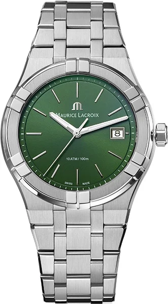 De MAURICE LA CROIX AIKON DATE 40MM QUARTZ met groene wijzerplaat (modelnummer AI1108-SS002-630-1) is een stijlvol polshorloge. Het heeft een strak ontwerp met een robuuste behuizing, heldere tijdsaanduiding en datumaanduiding. Draag dit horloge als een statement stuk voor zowel formele als alledaagse gelegenheden om uw outfit compleet te maken.