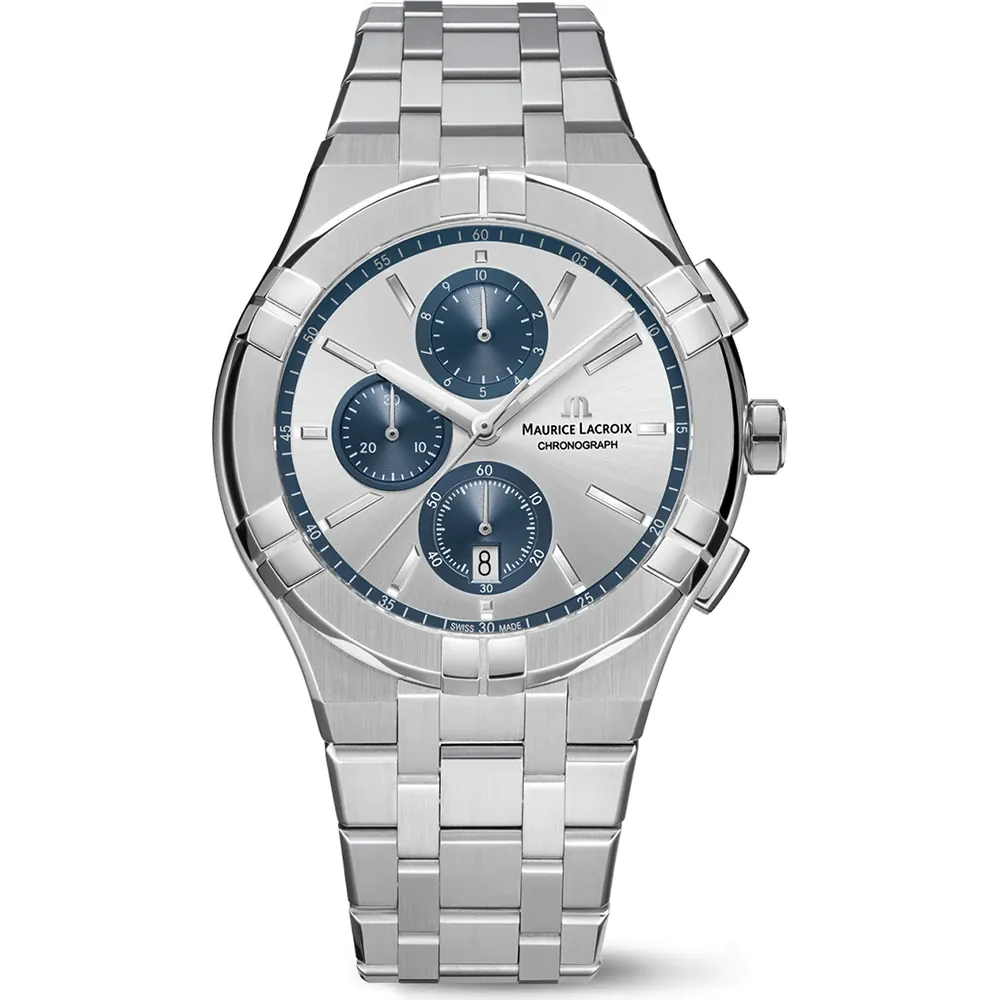De MAURICE LACROIX AIKON CHRONOGRAPH 42 MM met modelnummer AI11118-SS002-230-1 is een verfijnd polshorloge met een zilverkleurige wijzerplaat. Dit horloge straalt elegantie uit en is ideaal te dragen tijdens formele gelegenheden of zakelijke bijeenkomsten. Draag het met een mooi pak of stijlvolle outfit om uw verfijnde smaak te accentueren.