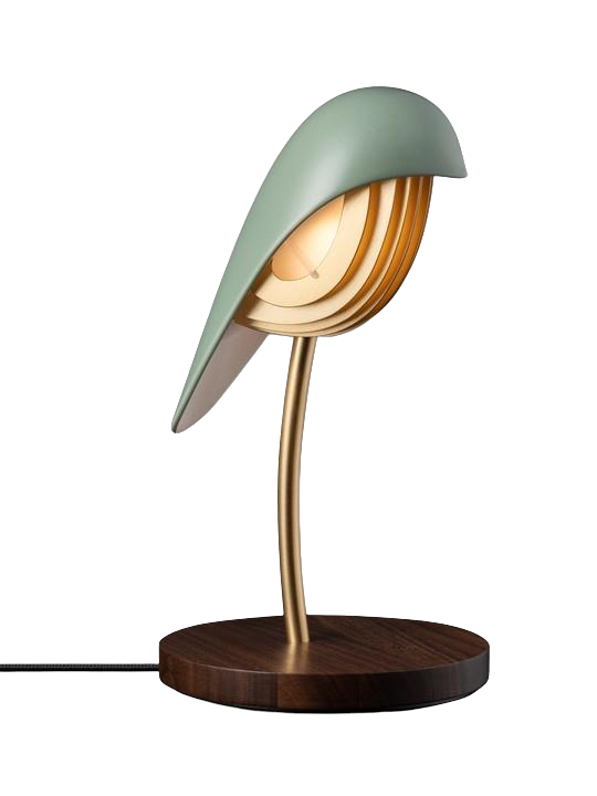 Bird in Olive Green heeft een elegante handgemaakte porseleinen vogelhoes met een olijfgroene matte afwerking, een walnotenhouten basis en matte gouden afwerkingen.