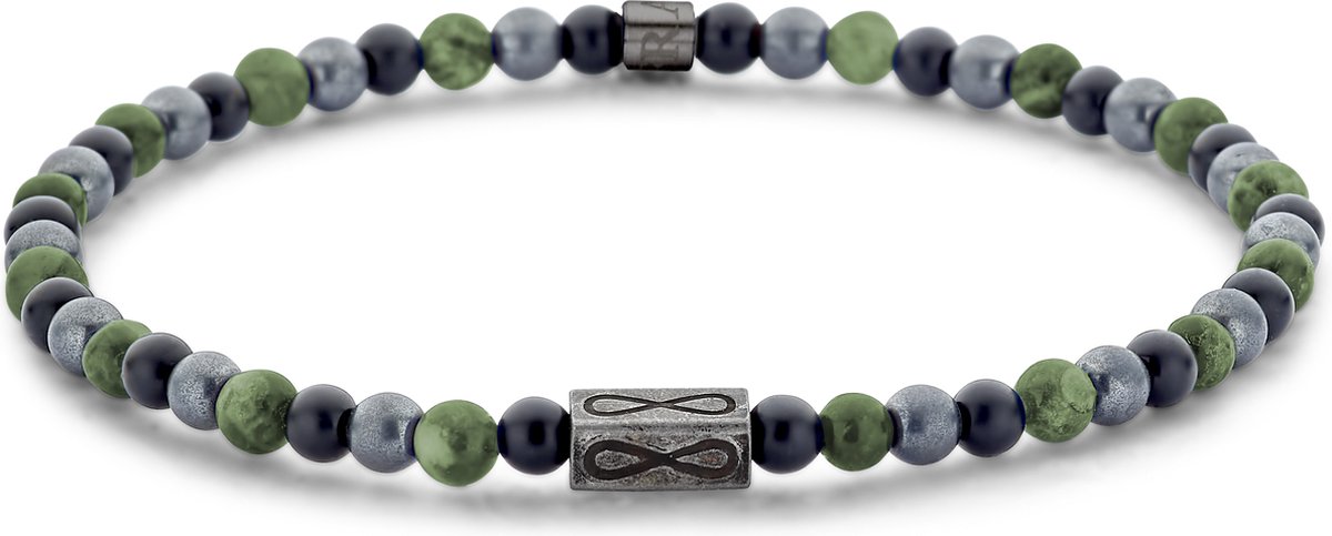 Deze stoere en stijlvolle kralenarmband van Frank 1967 Junior combineert de opvallende tinten van mosagaat, hematiet en zwarte agaatkralen (4 mm) voor een stoere, stijlvolle uitstraling. De vintage-geïnspireerde IPS-afwerking voegt een uniek karakter toe, terwijl de binnenmaat van 15 cm zorgt voor een comfortabele pasvorm. Met deze armband geef je je look een stoere twist, of je hem nu alleen draagt of samen met andere armbanden.