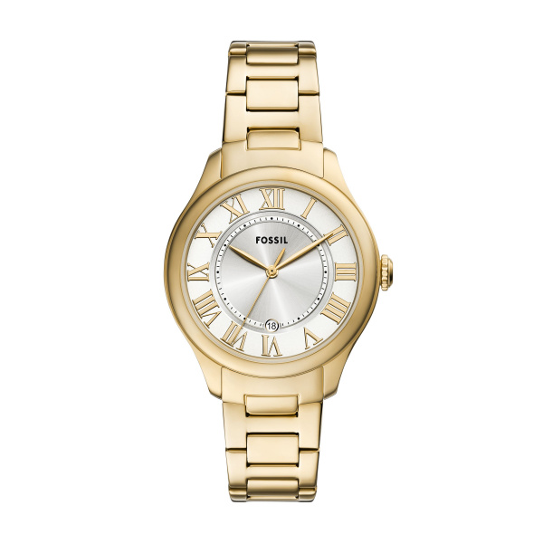 Fossil Quartz dames pols horloge staal met stalen band goudkleurig uit de collectie Gilmore.