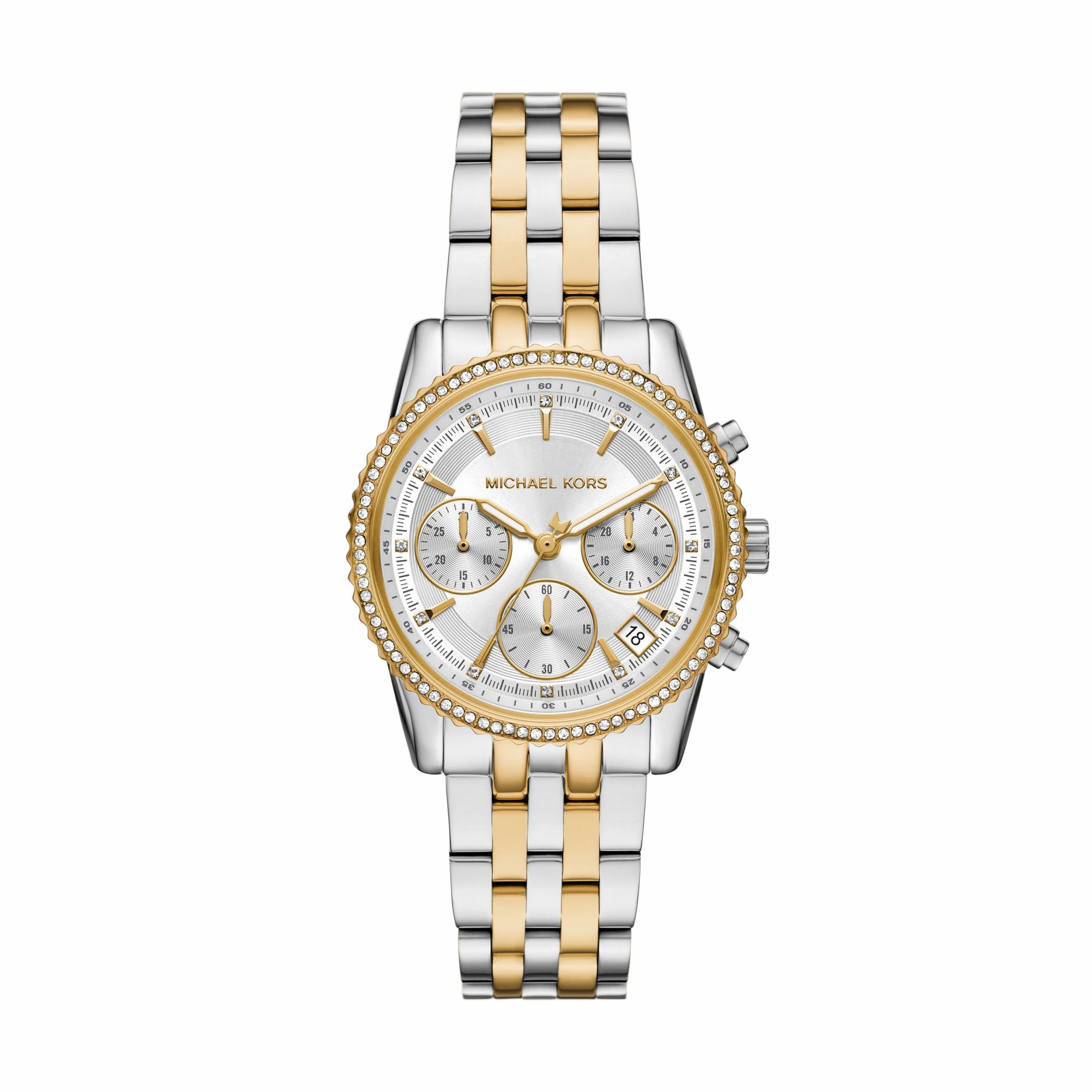 Til uw stijl naar een hoger niveau met het Mini Ritz chronograaf horloge. Dit bi-color uurwerk heeft een ronde kast van 35 mm, met een verfijnde mix van zilverkleurige en goudkleurige accenten. De bezel is gezet met fonkelende zirkonia steentjes, wat een extra vleugje luxe toevoegt. De elegante witte wijzerplaat maakt het ontwerp compleet en biedt een perfecte balans tussen stijl en functionaliteit.