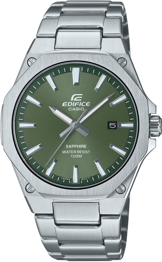Casio Edifice horloge met stalen band en kast, groene wijzerplaat, Saffier glas en datum