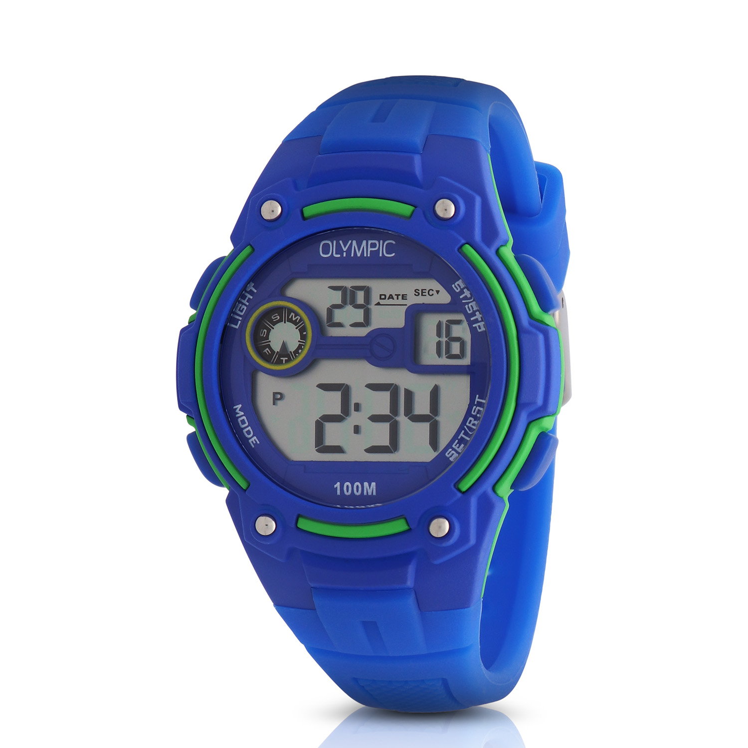 Olympic OL45HKR013 Digital Horloge Kids Blw/Groen 35mm Dit unieke Olympic horloge met artikelnummer: OL45HKR013 is een digitaal kinder horloge met een sportieve uitstraling. De kunststof kast heeft 4 drukknoppen waarmee je de verschillende functies kan bedienen. De horloges zijn in verschillende kleur samenstellingen en verschillende grootte te krijgen. Het horloge heeft tijd,- datum,- dag,- aanduiding. Ook heeft het een timer, alarm en stopwatch functie. Dit geeft het horloge vele mogelijkheden. Aan de kast zit een gelijk gekleurde siliconen band met een gespsluiting. Het horloge heeft een kunststofglas, een doorsnee van 35mm en is 10ATM. Waterdichtheid 10ATM Dit horloge is bestand tegen water bij het zwemmen en douchen. Dit horloge is niet bestand tegen (grote) waterdruk dus je kunt er niet mee duiken. Het merk: Het Nederlandse horlogemerk Olympic levert stoere chronografen, slimline series, digitale uurwerken en elegante dameshorloges. De prijs-kwaliteitverhouding staat bij Olympic hoog in het vaandel met prijzen die uiteenlopen van € 34,95 tot en met € 159,00. 100% Nederlands ontwerp, waterdicht en standaard 3 jaar fabrieksgarantie. Specificaties: - Ronde kast Ø 35mm - Digitaal uurwerk - Siliconen band - Blauw - 10ATM - Standaard 3 jaar fabrieksgarantie - Kunststofglas