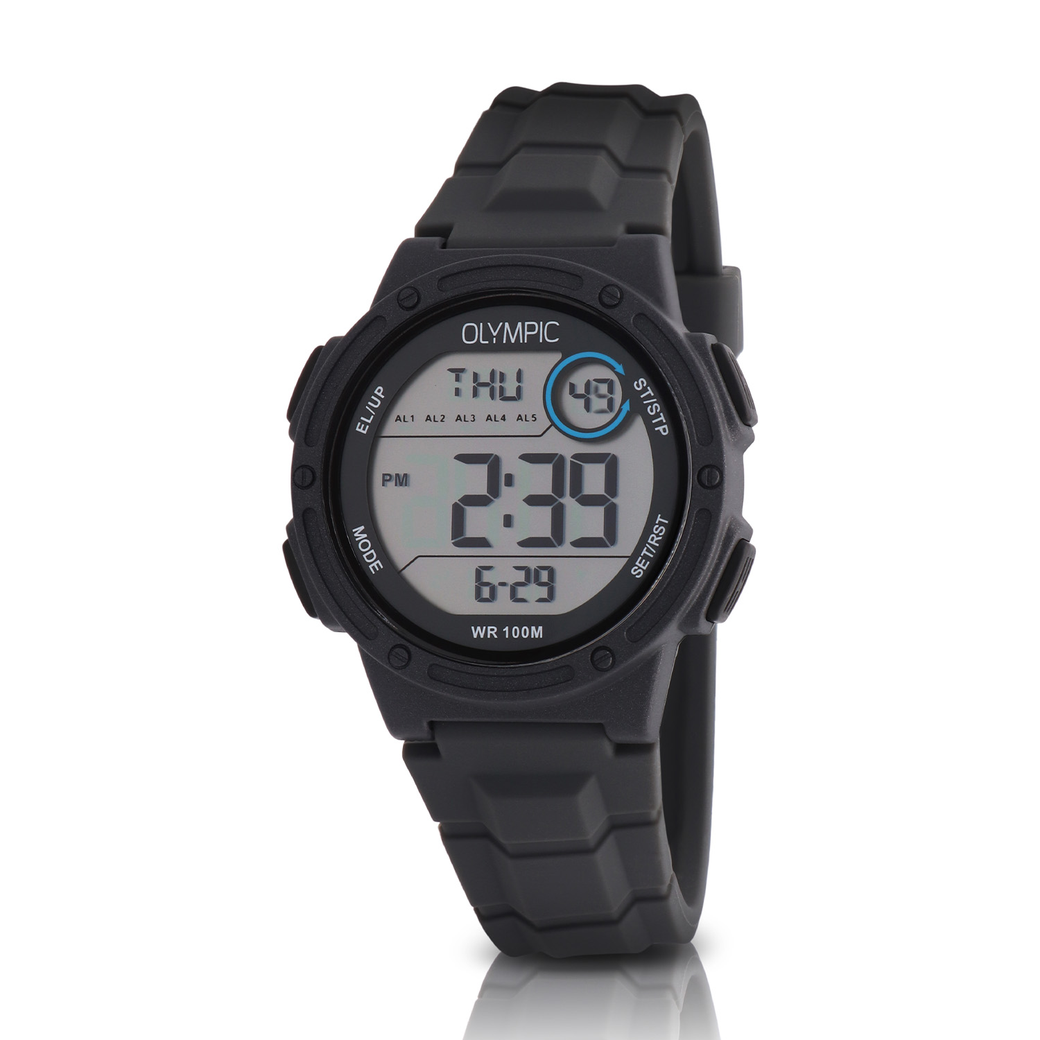 Olympic OL45HKR019 Digital Horloge Kids Grijs 40mm Dit unieke Olympic horloge met artikelnummer: OL45HKR019 is een digitaal kinder horloge met een sportieve uitstraling. De kunststof kast heeft 4 drukknoppen waarmee je de verschillende functies kan bedienen. De horloges zijn in verschillende kleur samenstellingen en verschillende grootte te krijgen. Het horloge heeft tijd,- datum,- dag,- aanduiding. Ook heeft het een timer, alarm en stopwatch functie. Dit geeft het horloge vele mogelijkheden. Aan de kast zit een gelijk gekleurde siliconen band met een gespsluiting. Het horloge heeft een kunststofglas, een doorsnee van 40mm en is 10ATM. Waterdichtheid 10ATM Dit horloge is bestand tegen water bij het zwemmen en douchen. Dit horloge is niet bestand tegen (grote) waterdruk dus je kunt er niet mee duiken. Het merk: Het Nederlandse horlogemerk Olympic levert stoere chronografen, slimline series, digitale uurwerken en elegante dameshorloges. De prijs-kwaliteitverhouding staat bij Olympic hoog in het vaandel met prijzen die uiteenlopen van &euro; 34,95 tot en met &euro; 159,00. 100% Nederlands ontwerp, waterdicht en standaard 3 jaar fabrieksgarantie. Specificaties: - Ronde kast &Oslash; 40mm - Digitaal uurwerk - Siliconen band - Grijs - 10ATM - Standaard 3 jaar fabrieksgarantie - Kunststofglas