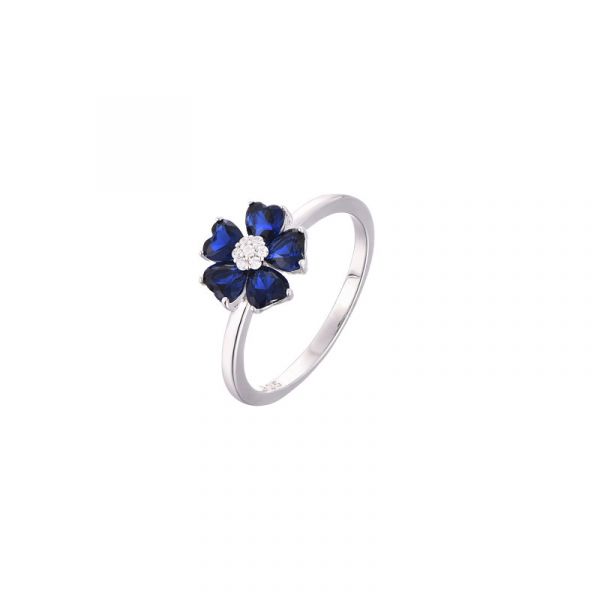Zilveren ring blauw wit zirkonia bloem 7050140356