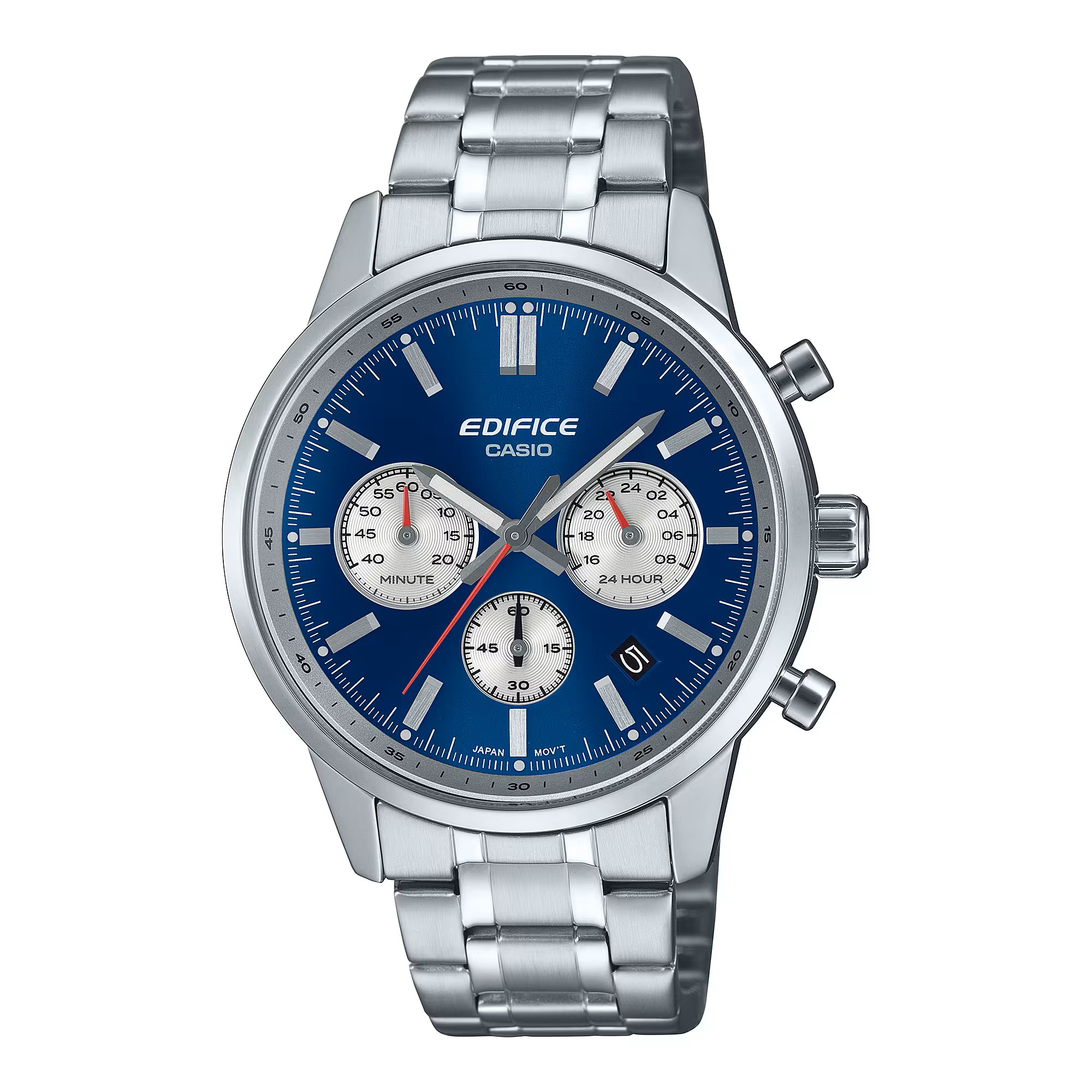 De EDIFICE chronograaf is geïnspireerd op de bolle glazen meters van de klassieke sportwagen.

De tweekleurige wijzerplaat heeft contrasterende kleuren voor de hoofd- en tussen wijzerplaten en doet denken aan het instrumentenpaneel van een klassieke sportwagen. 

Details zoals het bolle, gewelfde horlogeglas, de roestvrijstalen kast met smalle lunette en de drukknoppen ronden het ontwerp af met aloude stijl