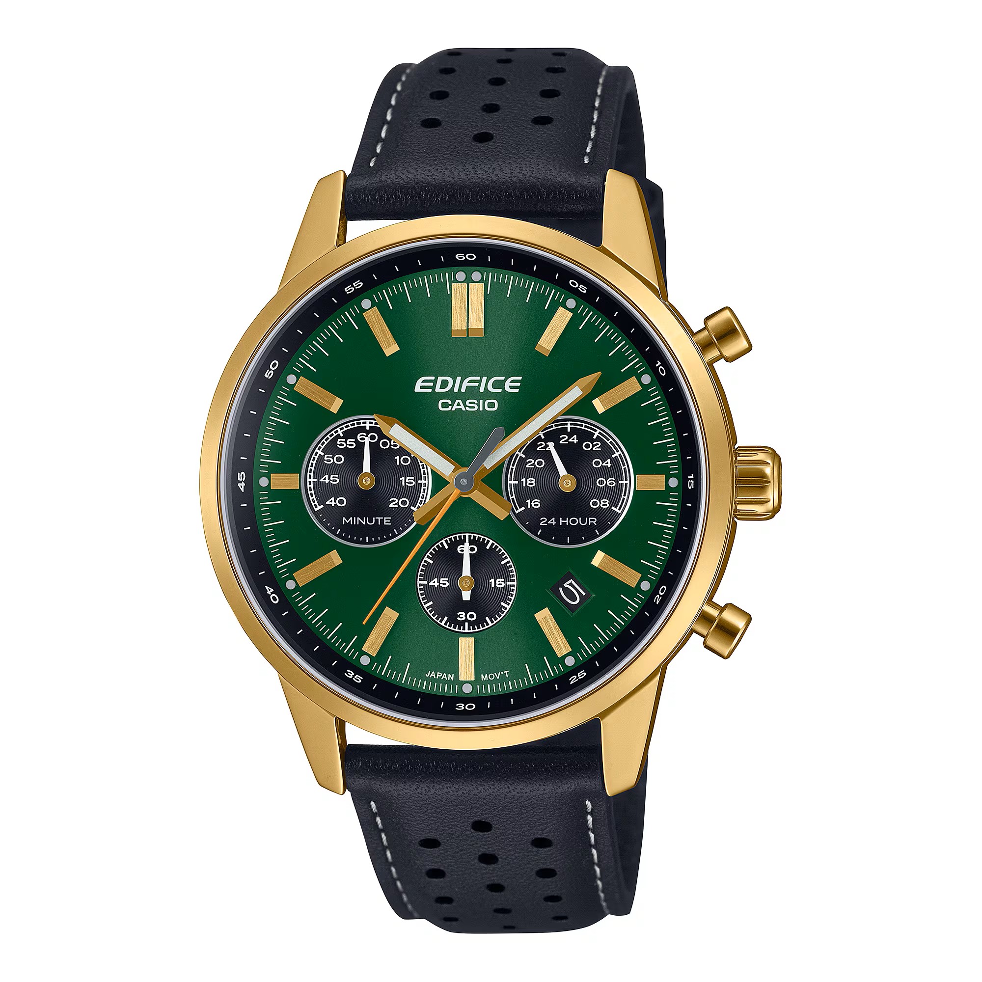 De EDIFICE chronograaf is geïnspireerd op de bolle glazen meters van de klassieke sportwagen.

De tweekleurige wijzerplaat heeft contrasterende kleuren voor de hoofd- en tussen wijzerplaten en doet denken aan het instrumentenpaneel van een klassieke sportwagen. 

Details zoals het bolle, gewelfde horlogeglas, de roestvrijstalen kast met smalle lunette en de drukknoppen ronden het ontwerp af met aloude stijl.