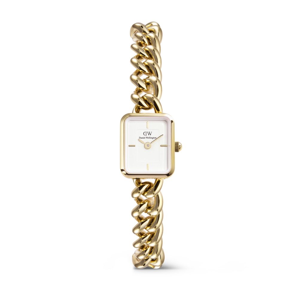 De Daniel Wellington Mini Jolie horloge (modelnummer DW00100836) is een elegante polshorloge met een rechthoekige goudkleurige roestvrijstalen kast en band. Het heeft een analoge witte wijzerplaat met strepen als indexen. Dit nikkelvrije horloge heeft geen datum- of lichtfunctie en biedt waterbestendigheid tot 3 ATM. Draag het stijlvol voor elke gelegenheid.