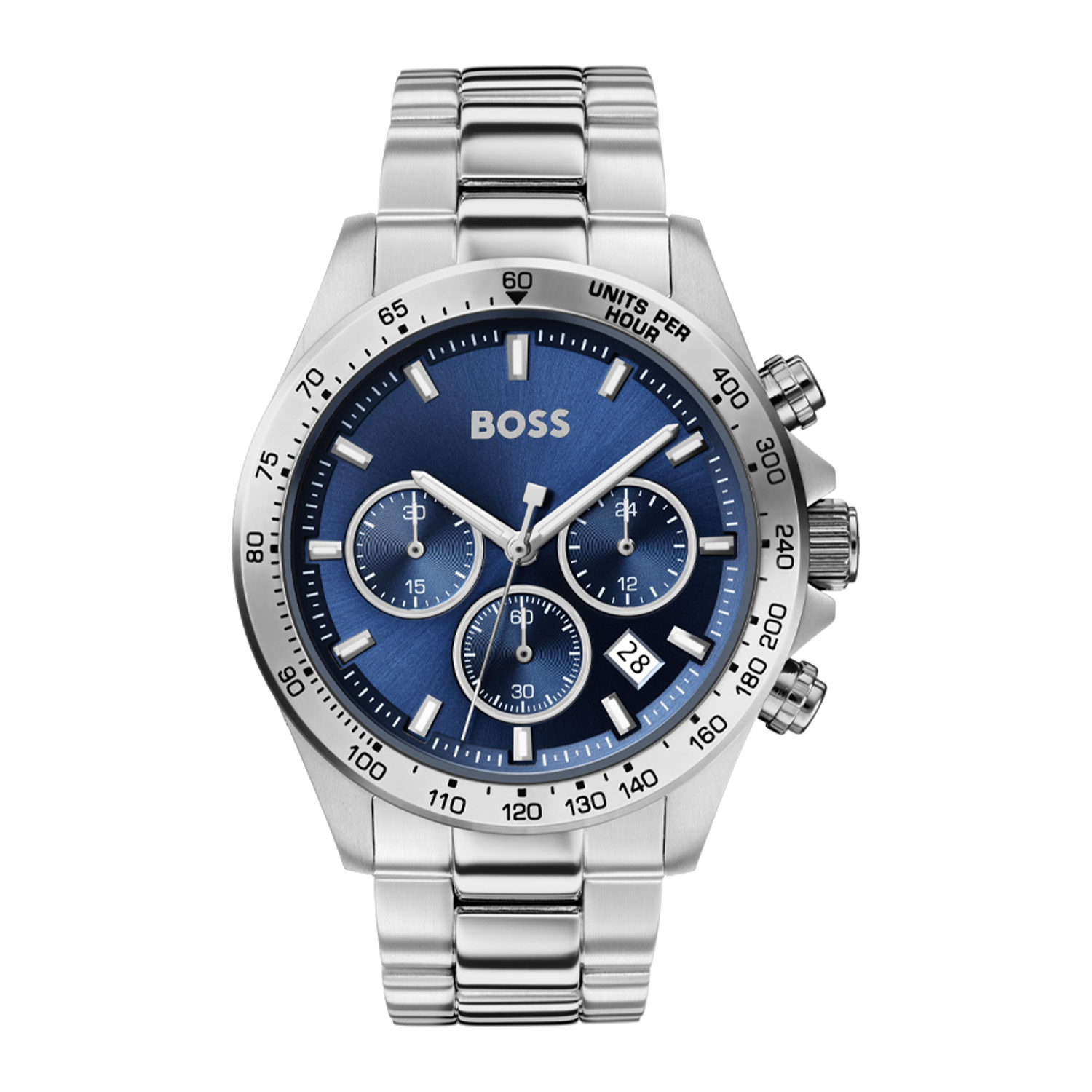 BOSS HB1513755 HERO
Dit herenhorloge uit de BOSS Hero serie is een sportief horloge. Het horloge heeft mineraalglas, een blauwe wijzerplaat en een stalen horlogekast met een kastdiameter van 43 mm. De band van het horloge is van staal en kan op maat worden gemaakt door er schakels uit te halen.

HET MERK
HUGO BOSS horloges zijn afgestemd op levensstijlen waar het gaat om kwaliteit en precisie. Het wereldwijde fashionlabel is verdeeld in twee merken: BOSS en HUGO. Het merk BOSS biedt geavanceerde, moderne horloges gericht op kwaliteit en design om een onberispelijke look te cre&euml;ren &ndash; of het nu zakelijk, casual of sportief is. De horloge collectie van BOSS is perfect afgestemd op levensstijlen waar het gaat om kwaliteit en precisie. BOSS is op maat gemaakt in een onberispelijke stijl.

SPECIFICATIES
- Mineraalglas
- Ronde kastvorm, &Oslash; 43 mm
- Stalen horlogekast
- Blauwe sunray wijzerplaat
- Zilverkleurige stalen horlogeband 
- Chronograaf
- Datumaanduiding
- 5 ATM