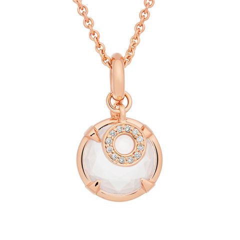 twee in een: deze Mira Mira hanger met witte maansteen heeft een mini stardust met diamant als vaste, maar bewegelijke begeleider.