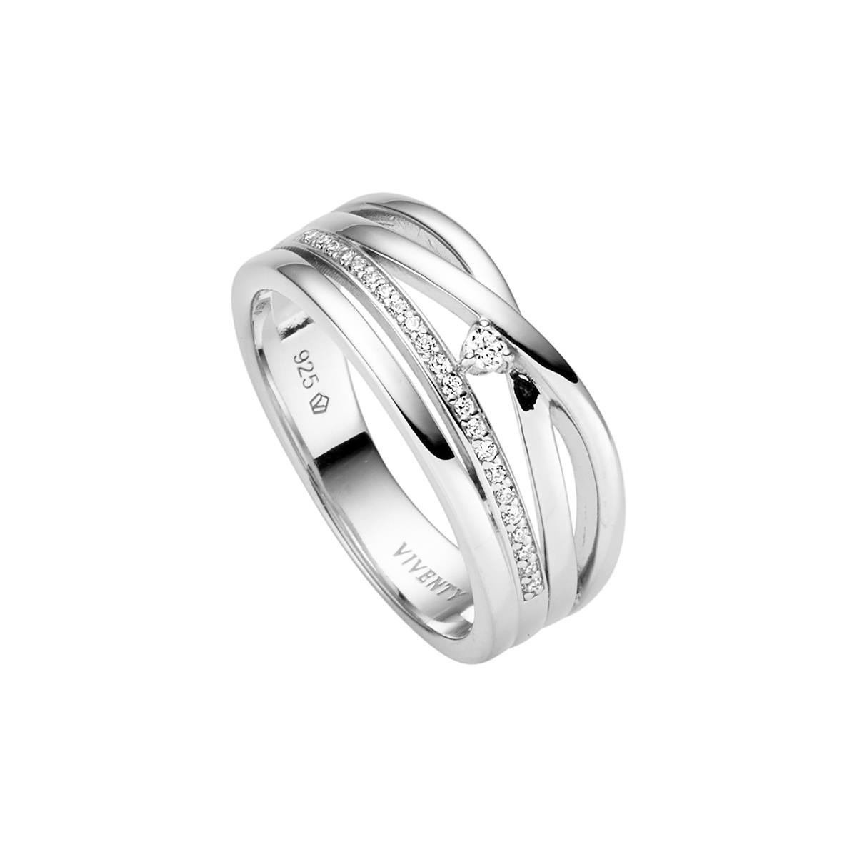 Prachtige zilveren ring met cross-over design met in het midden een schitterende zirkonia. De maat van de ring is 60 (19.25).

Breidt deze set uit met de bijpassende oorsieraden en collier