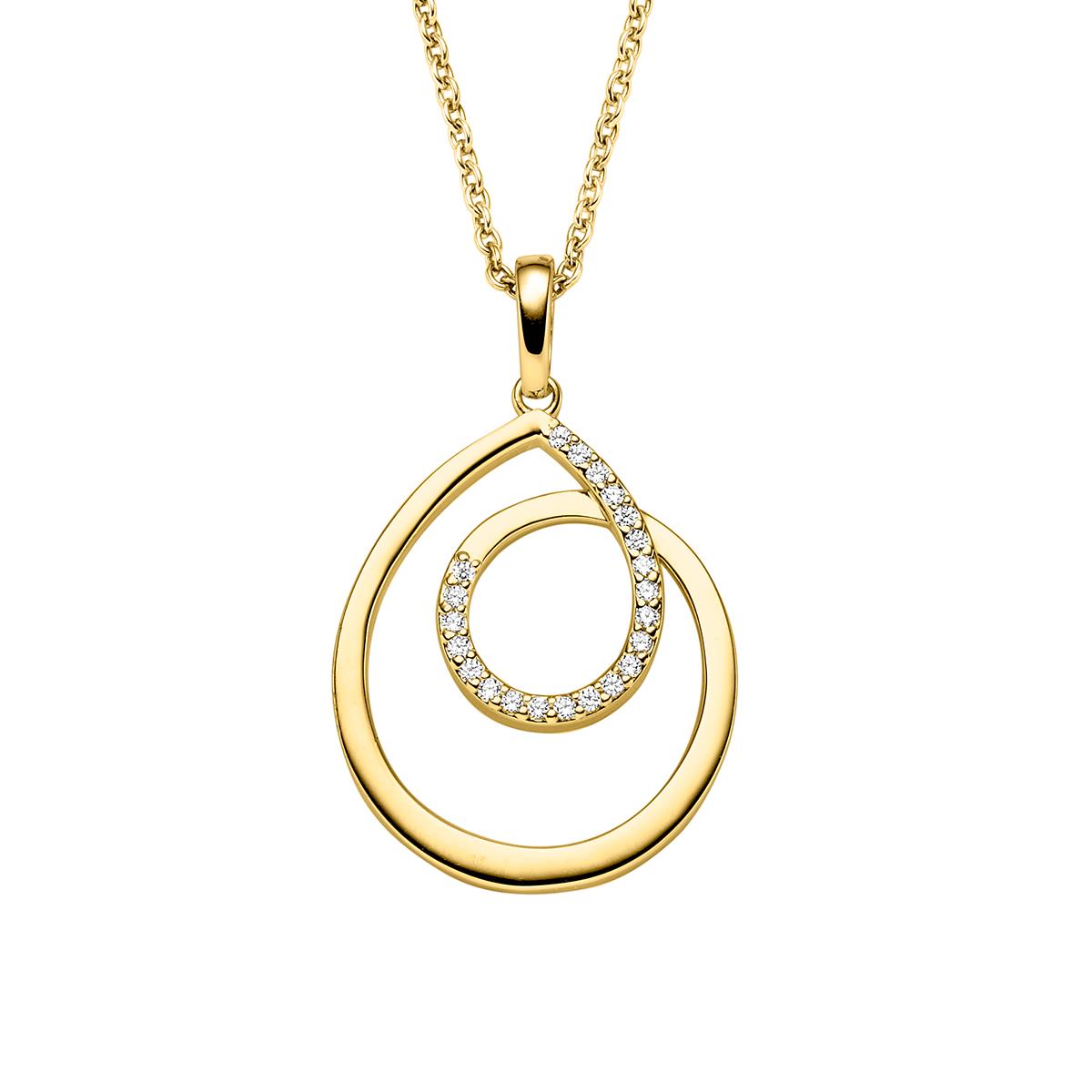 Prachtige chique goudkleurige collier met een gedraaide look. De hanger is versierd met zirkonia en is vervaardigd uit 925 zilver. Het goudkleurige collier heeft een draaglengte van 42-45cm.

Breidt deze set uit met de bijpassende oorknoppen.