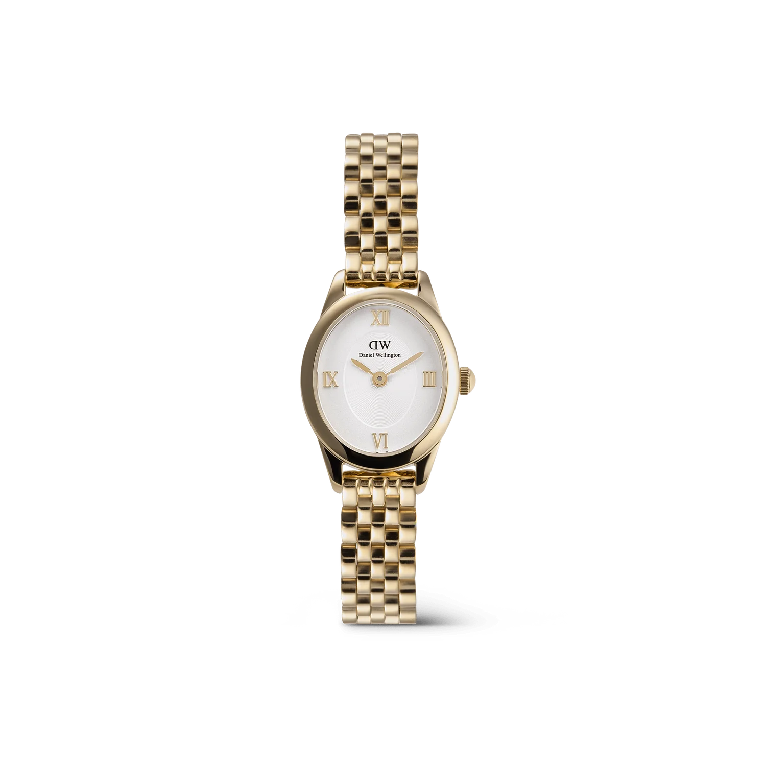 De Daniel Wellington Horloge Ophelia Oval Mini Gold (modelnummer DW00100803) is een stijlvolle damespolshorloge met een 25mm ovaal roestvrijstalen kast en gouden kleur. Kenmerken: mineraalglas, witte wijzerplaat met Romeinse index, geen datum- of lichtfunctie, en waterbestendig tot 3 ATM. Perfect voor elegante gelegenheden, te dragen met formele of casual kleding. Nickelvrij.