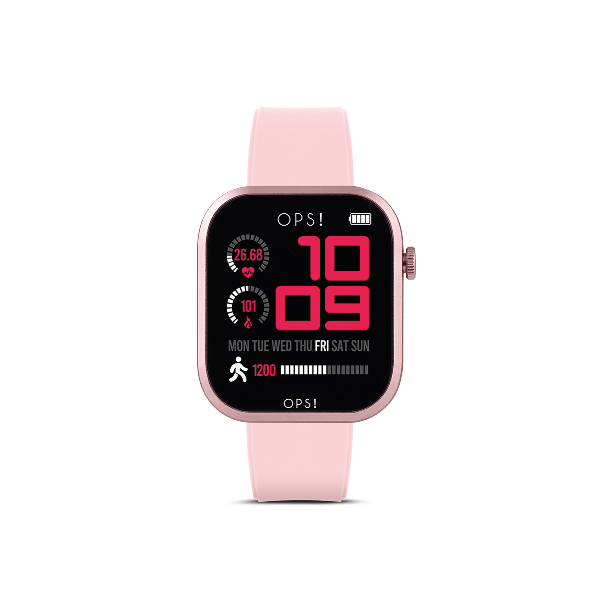 De Ops! Smartwatch Call Pro (modelnummer: OPSSW55) biedt functies zoals datumweergave, verlichting en een digitaal display. De rechthoekige aluminium kast is roze en nikkervrij met kristalglas. De roze siliconen band is 20 mm breed. Draag hem losjes om comfort te garanderen en de functies optimaal te benutten. Ideaal voor dagelijks gebruik met lichte waterbestendigheid.
