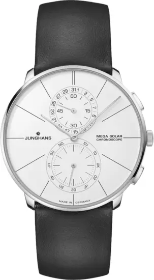 Bestelnummer: 59/4200.00
Meister fein Chronoscope MEGA Solar
De Meister fein Chronoscope MEGA Solar brengt de kerncompetenties van Uhrenfabrik Junghans naar een nieuw tijdperk. Sferisch saffierglas en een opvallend vlakke kast kenmerken de innovatieve designtaal van de Meister fein - en integreert directionele horlogetechnologie. De totalisatoren combineren een breed scala aan indicaties om een ​​symmetrisch ontwerp van de gewelfde, lichtdoorlatende wijzerplaat te creëren. Daaronder drijft een speciaal ontwikkelde zonnecel het uiterst efficiënte en uiterst nauwkeurige App-Connected radiogestuurde uurwerk aan met de energie van de zon.