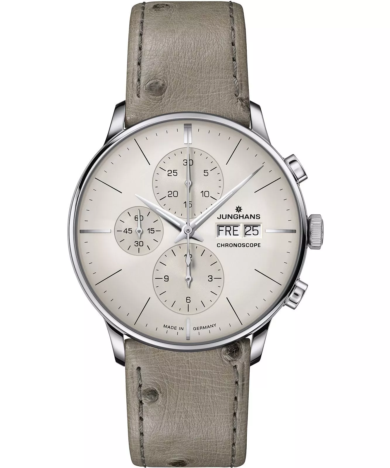Bestelnummer: 27/4223.03
Meister Chronoscope, Date English
Elegant of dynamisch? Een overweging die voor de Meister Chronoscope niet ter zake doet. Dit horloge combineert immers moeiteloos klassieke charme met sportieve functies. De karakteristieke, komvormige kuiltjes voor de subdials zijn een typisch kenmerk van het Meister-assortiment.