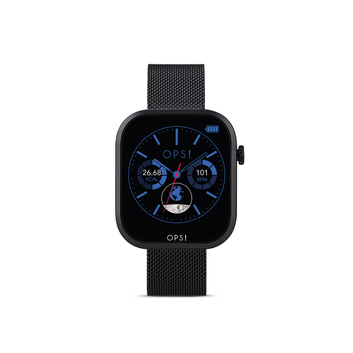 De Ops! Smartwatch Call Pro Mesh in zwart (model OPSSW59) is een veelzijdig horloge met functies zoals oproepen, notificaties, stappenteller en meer. Gemaakt van aluminium en roestvrijstalen mesh band, biedt het een digitale display en is het waterbestendig. Draag het comfortabel tijdens werk of sport voor essentiële gezondheids- en smartphone-meldingen. Geschikt voor dagelijks gebruik.