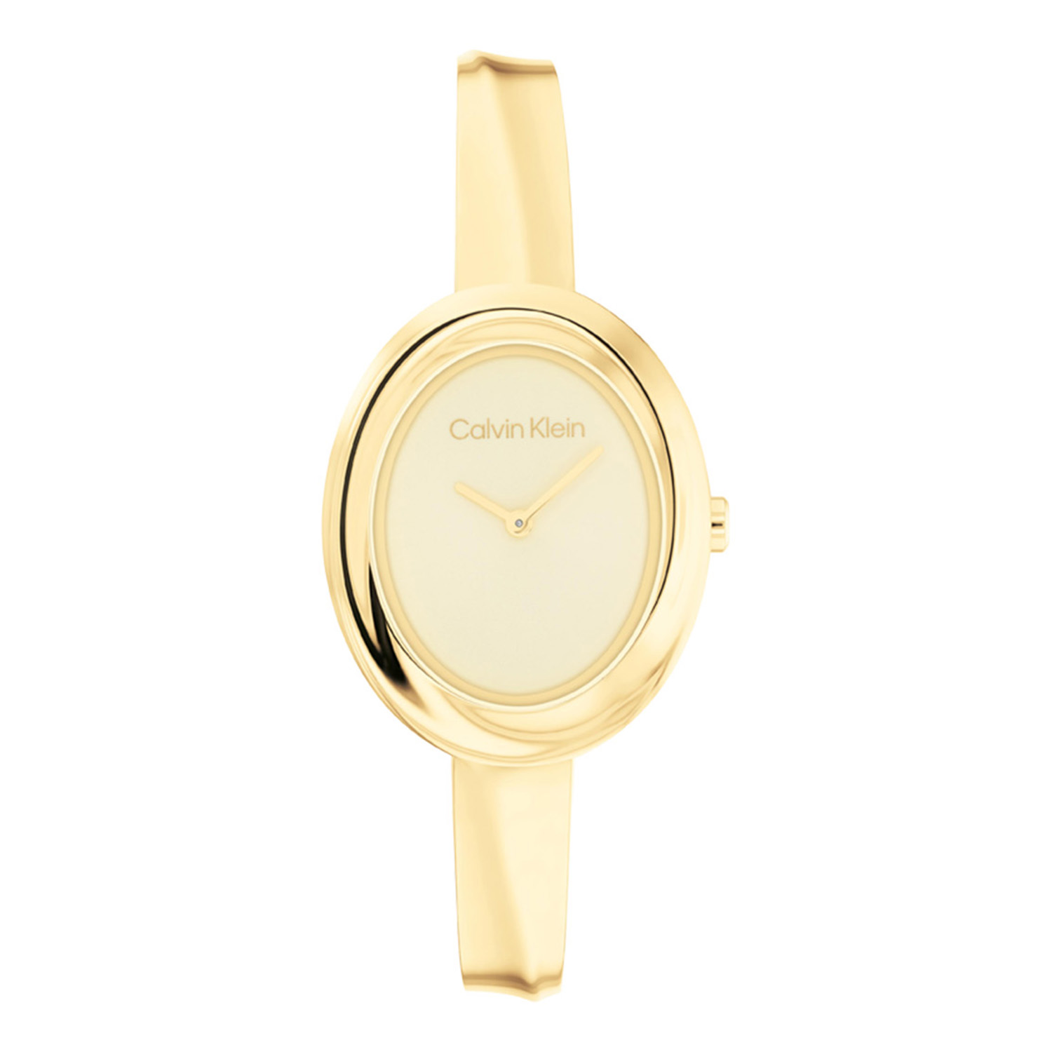 Calvin Klein CK25100056 Dames Staal Horloge 26mm 
Dit Calvin Klein dameshorloge met nr CK25100056 is een chique en stijlvol ontwerp. De stijlvolle goudkleurige ovale stalen kast heeft een goudkleurige glanzende wijzerplaat met enkel wijzers en de merknaam. Strak aan de vol glimmende kast zit een goudkleurige bangle band met klapsluiting. Inkorten kan dmv schakels te verwijderen aan de onderkant. Het opvallende horloge heeft een mineraalglas, een doorsnee van 26mm en is 3ATM.

OVER CALVIN KLEIN
Calvin Klein is een wereldwijd lifestylemerk dat gewaagde, vooruitstrevende idealen en een verleidelijke, vaak minimalistische, esthetiek nastreeft. Calvin Klein werd groot in de jaren 70 door haar mode- en merkjeans collecties. In de jaren 80 lanceerde Calvin Klein haar spraakmakende ondergoed dat uitdrukkelijk van logo ’s voorzien was. Vanwege het grote succes is het merk ook succesvol uitgerold in Accessoires, Parfums, Home, Brillen, Golf, Horloges en Sieraden.
Sinds de oprichting in 1968 door Calvin Klein, heeft het merk haar reputatie opgebouwd als leider in de Amerikaanse mode, dankzij een cleane esthetiek en innovatieve ontwerpen. Calvin Klein wil haar publiek verleiden en inspireren door middel van provocerende beelden en opvallende ontwerpen die prikkelen. 

SPECIFICATIES:
- Mineraalglas
- Goudkleurige stalen kast
- Goudkleurige glanzende wijzerplaat 
- Goudkleurige bangle band
- Ovale kastvorm, Ø 26mm
- 3ATM