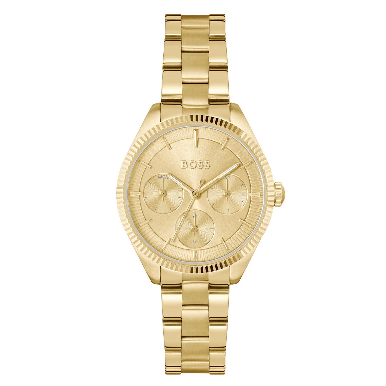BOSS is voor degenen die een zelfbepaald leven leiden met stijl, passie en doel.

BOSS HB1502803 SAGE SPORT Dameshorloge 34mm
Dit BOSS horloge uit de SAGE SPORT serie met artikelnr: HB1502803 heeft een luxe uitstraling. Zeer geschikt voor de moderne stijlvolle vrouw van nu. Het dameshorloge valt op door zijn stalen goudkleurige horlogekast met een gekartelde goudkleurige bezel en een goudkleurige sunray wijzerplaat met een dag,- datum,- en 24-uursaanduiding. De wijzers en uurstrepen zijn fijn gefaceteerd. Aan de kast zit een stalen goudkleurige schakelband met een vouwsluiting. Het horloge heeft een doorsnee van 34mm een mineraalglas en is 3ATM. 

HET MERK:
HUGO BOSS is afgestemd op levensstijlen waar het gaat om kwaliteit en precisie. Het wereldwijde fashionlabel is verdeeld in twee merken: BOSS en HUGO. Het merk BOSS biedt geavanceerde, moderne horloges gericht op kwaliteit en design om een onberispelijke look te creëren – of het nu zakelijk, casual of sportief is. De horloge collectie van BOSS is perfect afgestemd op levensstijlen waar het gaat om kwaliteit en precisie. BOSS is op maat gemaakt in een onberispelijke stijl.

Blijf stijlvol bij de tijd. Voor de BOSS-vrouw is stijl het handelsmerk en draait alles om
details. Breng uw look naar een hoger niveau met onze nieuwe en kenmerkende horlogecollectie.

SPECIFICATIES:
- Mineraalglas
- Ronde kastvorm, Ø 34mm
- Stalen goudkleurige horlogekast
- Goudkleurige wijzerplaat
- Stalen goudkleurige schakelband
- 3ATM
