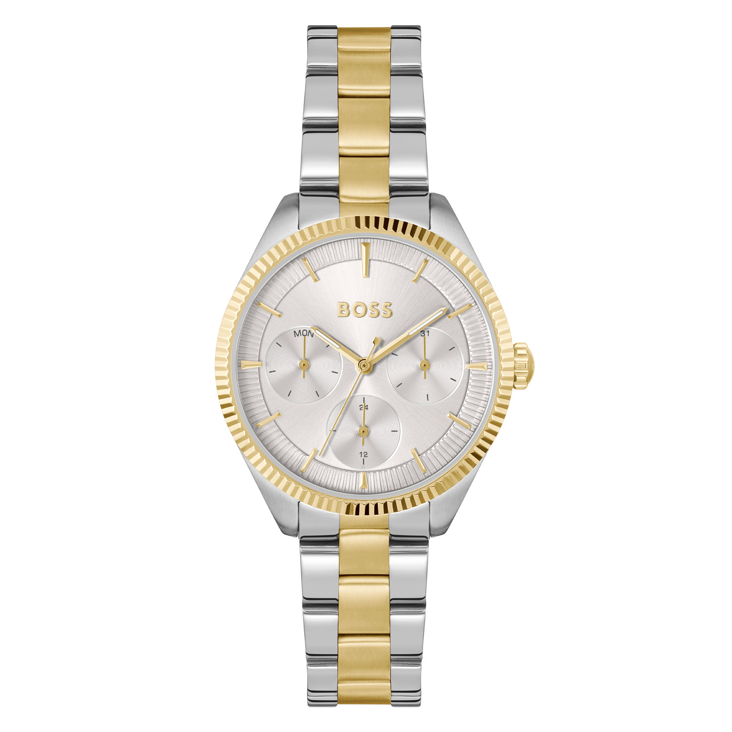 BOSS is voor degenen die een zelfbepaald leven leiden met stijl, passie en doel.

BOSS HB1502804 SAGE SPORT Dameshorloge 34mm
Dit BOSS horloge uit de SAGE SPORT serie met artikelnr: HB1502804 heeft een luxe uitstraling. Zeer geschikt voor de moderne stijlvolle vrouw van nu. Het dameshorloge valt op door zijn stalen horlogekast met een gekartelde goudkleurige bezel en een zilverwitte sunray wijzerplaat met een dag,- datum,- en 24-uursaanduiding. De wijzers en uurstrepen zijn fijn gefaceteerd. Aan de kast zit een stalen bicolor schakelband met een vouwsluiting. Het horloge heeft een doorsnee van 34mm een mineraalglas en is 3ATM. 

HET MERK:
HUGO BOSS is afgestemd op levensstijlen waar het gaat om kwaliteit en precisie. Het wereldwijde fashionlabel is verdeeld in twee merken: BOSS en HUGO. Het merk BOSS biedt geavanceerde, moderne horloges gericht op kwaliteit en design om een onberispelijke look te creëren – of het nu zakelijk, casual of sportief is. De horloge collectie van BOSS is perfect afgestemd op levensstijlen waar het gaat om kwaliteit en precisie. BOSS is op maat gemaakt in een onberispelijke stijl.

Blijf stijlvol bij de tijd. Voor de BOSS-vrouw is stijl het handelsmerk en draait alles om
details. Breng uw look naar een hoger niveau met onze nieuwe en kenmerkende horlogecollectie.

SPECIFICATIES:
- Mineraalglas
- Ronde kastvorm, Ø 34mm
- Stalen horlogekast
- Zilverwitte wijzerplaat
- Stalen bicolor schakelband
- 3ATM