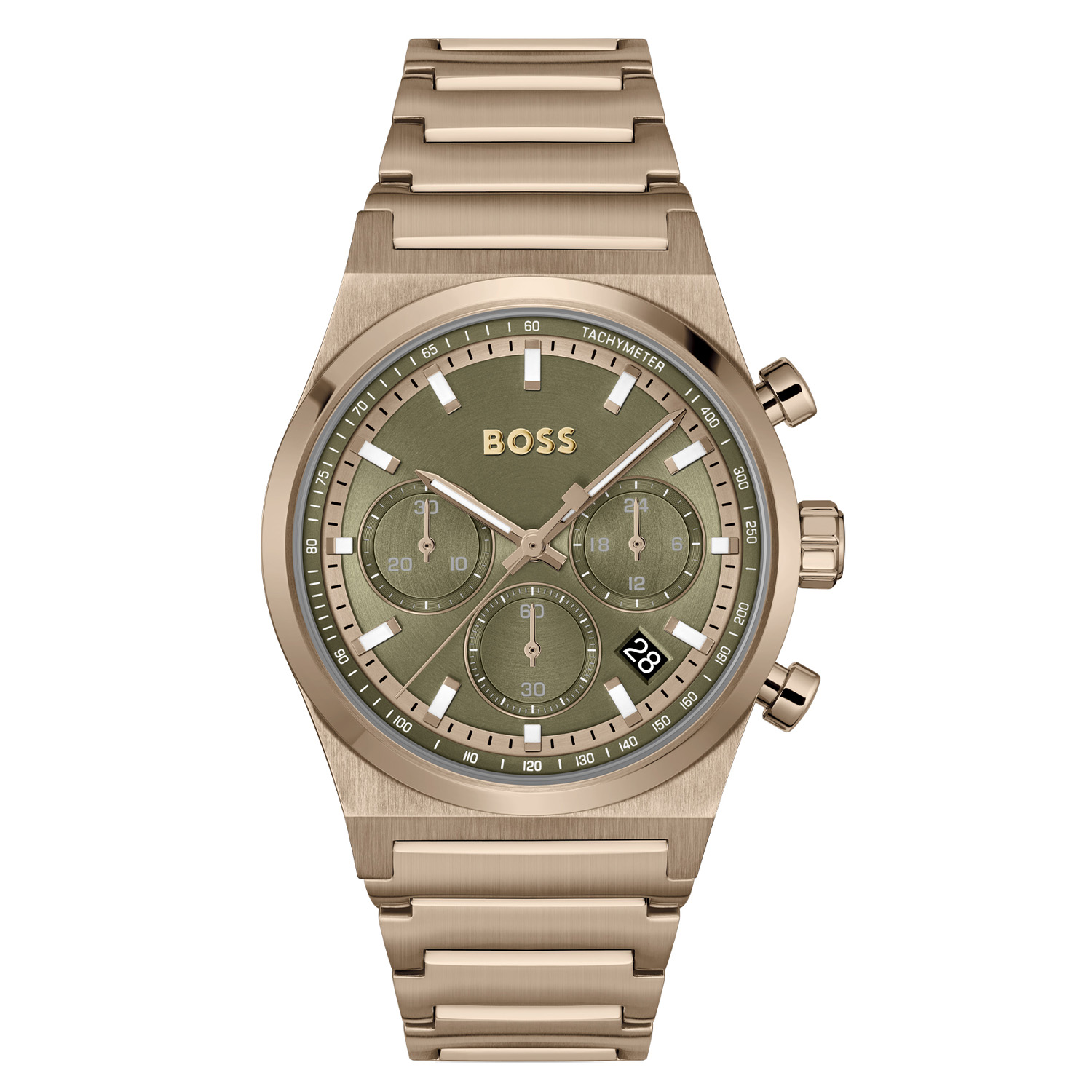 BOSS is voor degenen die een zelfbepaald leven leiden met stijl, passie en doel.

BOSS HB1514221 CANDOR CHRONO Herenhorloge 41mm
Dit BOSS horloge uit de CANDOR CHRONO serie met artikelnr: HB1514221 heeft een luxe uitstraling. Zeer geschikt voor de moderne stijlvolle man van nu. Het herenhorloge valt op door zijn stalen horlogekast met een gladde goudkleurige bezel en een olijfgroene wijzerplaat met een chronograaf en datum. Opvallend zijn de fijne wijzers en de uursaanduiding met lumibrite en het strakke BOSS logo. Aan de kast zit een stalen goudkleurige strak ogende schakelband met een vouwsluiting. Het horloge heeft een doorsnee van 41mm met een mineraalglas en is 5ATM. 

HET MERK:
HUGO BOSS is afgestemd op levensstijlen waar het gaat om kwaliteit en precisie. Het wereldwijde fashionlabel is verdeeld in twee merken: BOSS en HUGO. Het merk BOSS biedt geavanceerde, moderne horloges gericht op kwaliteit en design om een onberispelijke look te creëren – of het nu zakelijk, casual of sportief is. De horloge collectie van BOSS is perfect afgestemd op levensstijlen waar het gaat om kwaliteit en precisie. BOSS is op maat gemaakt in een onberispelijke stijl.

Blijf stijlvol bij de tijd. Voor de BOSS-vrouw is stijl het handelsmerk en draait alles om
details. Breng uw look naar een hoger niveau met onze nieuwe en kenmerkende horlogecollectie.

SPECIFICATIES:
- Mineraalglas
- Ronde kastvorm, Ø 41mm
- Stalen horlogekast
- Groene wijzerplaat
- Stalen schakelband
- 5ATM