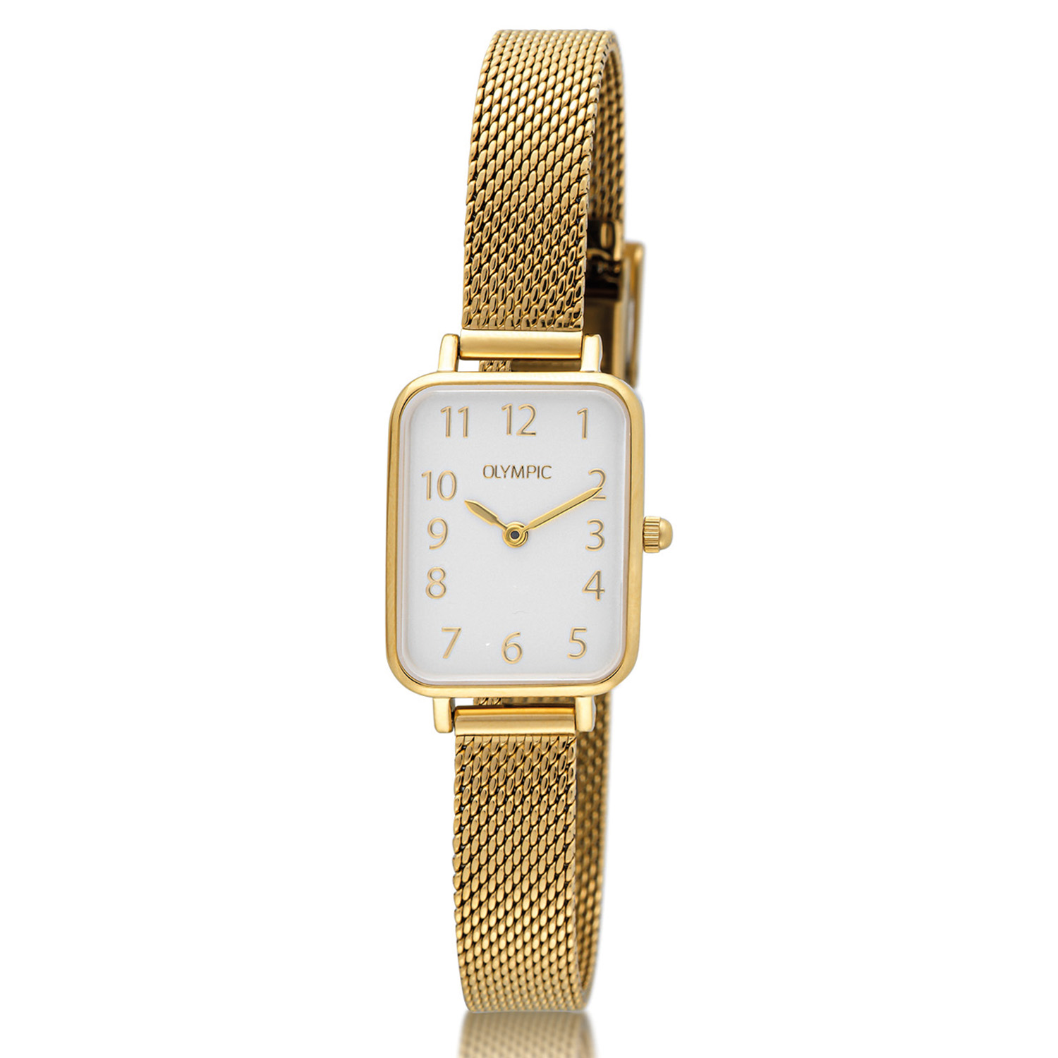 Olympic OL66DDD009 TILLY Horloge - Double - Double - Arabisch - 20x26mm 
Dit unieke Olympic horloge met artikelnummer: OL66DD009 is een stijlvol dameshorloge. De goudkleurige rechthoekige stalen kast heeft een gladde bezel en een zilverwitte wijzerplaat. De uursaanduiding is verfijnd door de strakke wijzers en de arabische cijfers. Dit geeft het horloge een chique uiterlijk. Aan de stalen kast zit een fijne goudkleurige milanese band met een druksluiting. Het horloge heeft een mineraalglas, een afmeting van 20x26mm en is 3ATM.

Waterdichtheid 10ATM
Dit horloge is bestand tegen water bij het zwemmen en douchen. Dit horloge is niet bestand tegen (grote) waterdruk dus je kunt er niet mee duiken.
Waterdichtheid  5ATM
Dit horloge is regen en spatwaterdicht. Niet geschikt om mee te zwemmen en douchen.
Waterdichtheid 3ATM
Dit horloge is spatwaterdicht. Niet geschikt om mee te zwemmen en douchen.

Het merk:
Het Nederlandse horlogemerk Olympic levert stoere chronografen, slimline series, digitale uurwerken en elegante dameshorloges. De prijs-kwaliteitverhouding staat bij Olympic hoog in het vaandel met prijzen die uiteenlopen van € 34,95 tot en met € 159,00.

100% Nederlands ontwerp, waterdicht en standaard 3 jaar fabrieksgarantie.

Specificaties:
- Rechthoekige kast 20x26mm
- Stalen horlogekast
- Zilverwitte wijzerplaat
- Goudkleurige milanese band
- 3ATM 
- Standaard 3 jaar fabrieksgarantie
- Mineraalglas