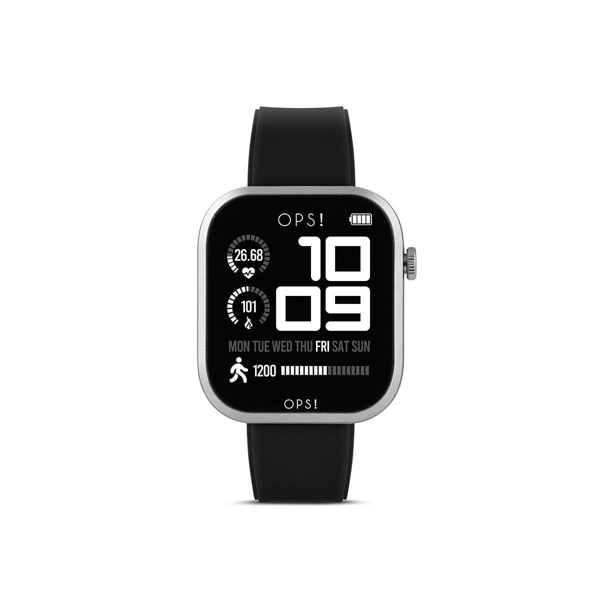 De OPS!SMART CALL PRO, modelnummer OPSSW-53, is een stijlvolle smartwatch in zilver en zwart met een siliconen zwarte band. Deze polshorloge combineert moderne technologie met elegantie, ideaal voor dagelijks gebruik of zakelijke gelegenheden. Draag hem comfortabel om de pols voor een naadloze integratie met je actieve levensstijl en blijf altijd verbonden.